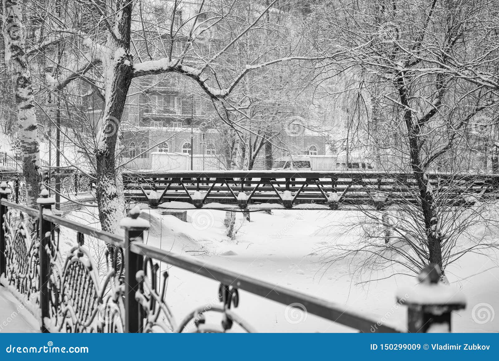 Bridge Over The Frozen River Covered With Snow Stock Image Image Of Scene Forest