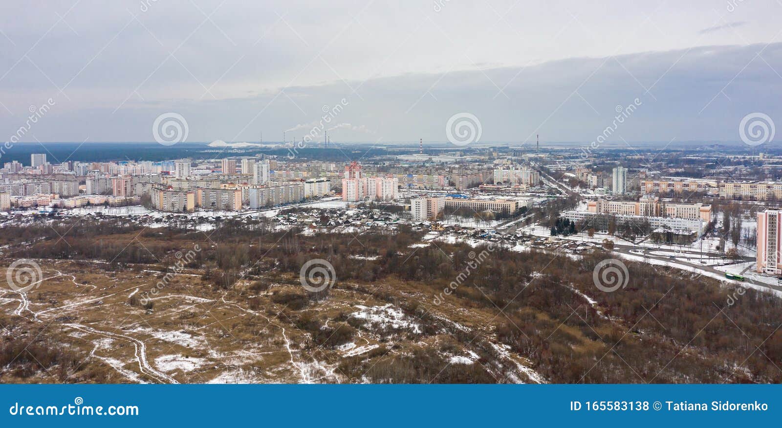 view of the soviet district of the city of gomel from a height. shooting from drone. the shooting is carried out in a meadow near