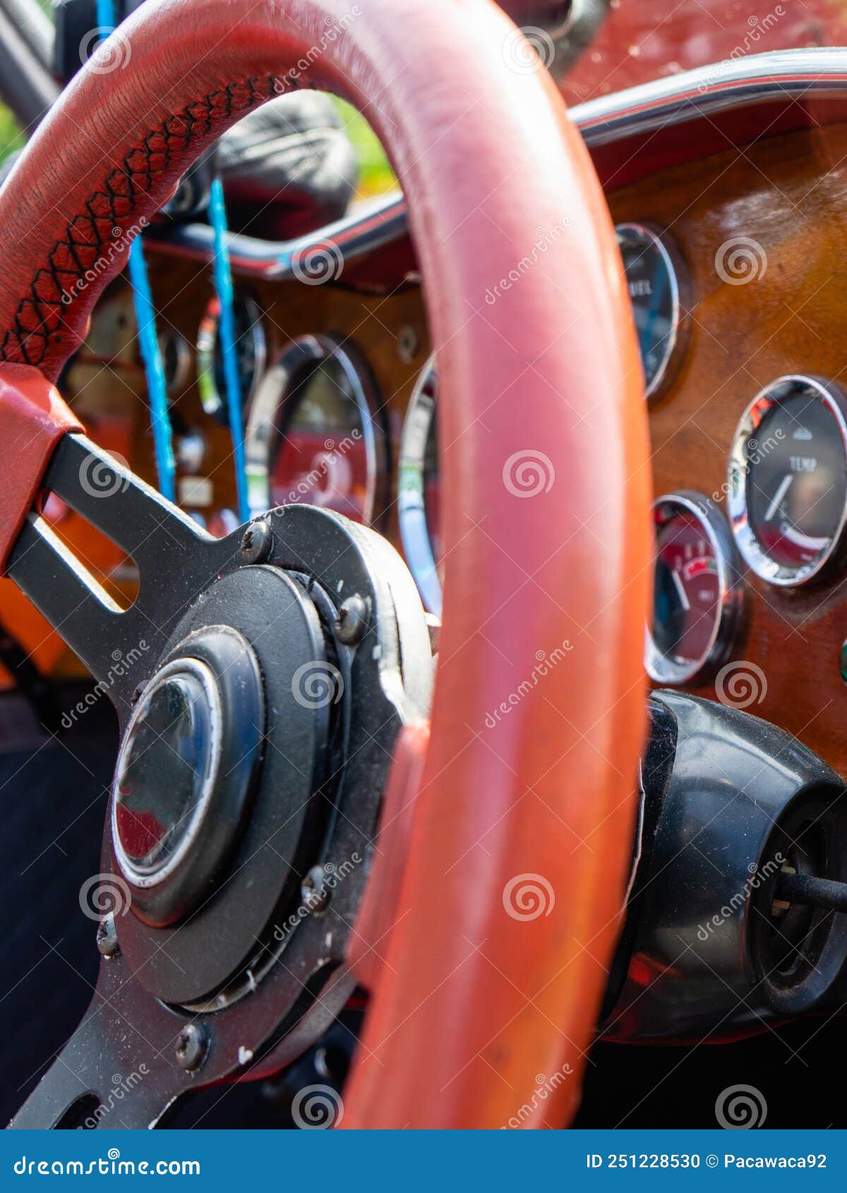 View of the Steering Wheel and Dashboard of an Old Vintag Car Stock