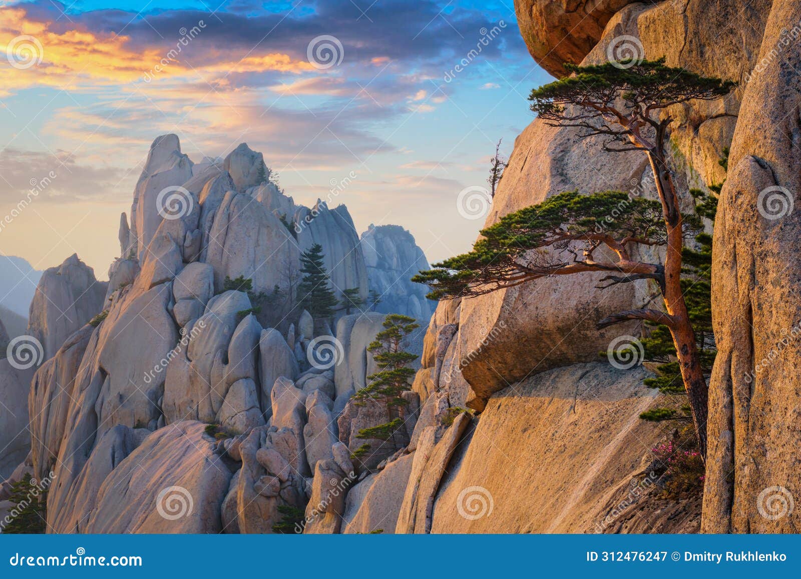 view from ulsanbawi rock peak on sunset. seoraksan national park, south corea