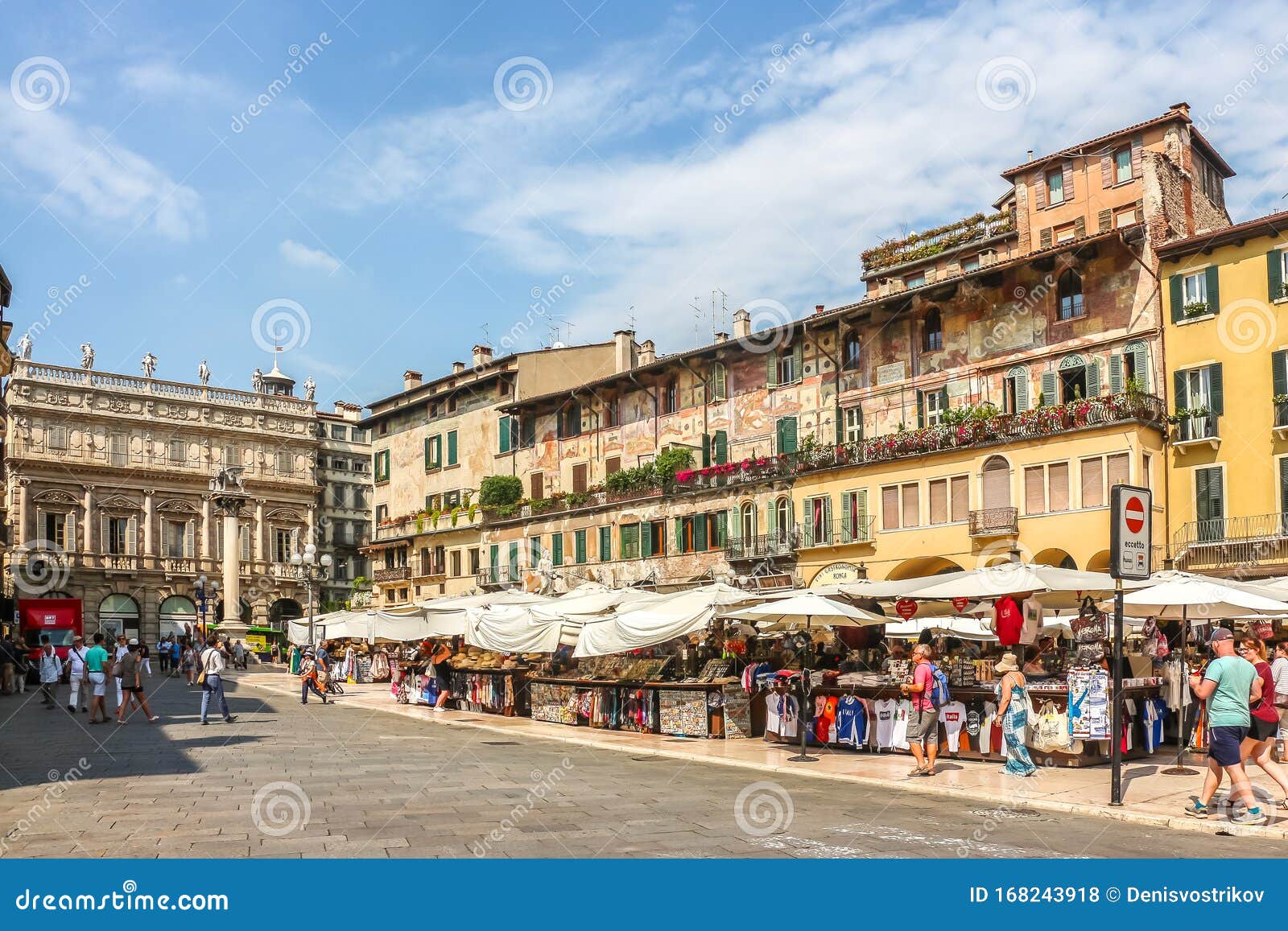 View of Street Market at the Erbe Square Piazza Delle Erbe in Verona ...