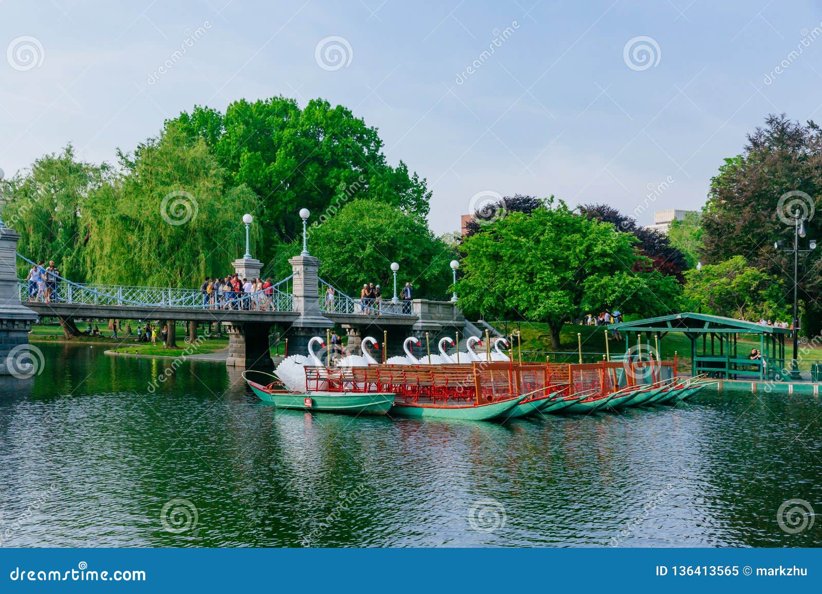 View Of Swan Boats And Bridge Over Lake In Boston Public Garden