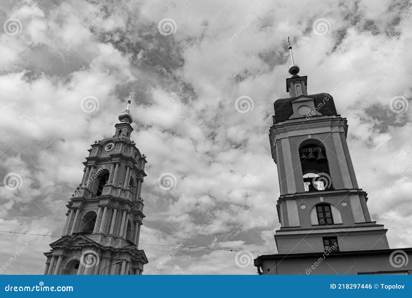 view to belltowers of the church of the forty martyrs of sebastia and novospassky monastery, black and white photo