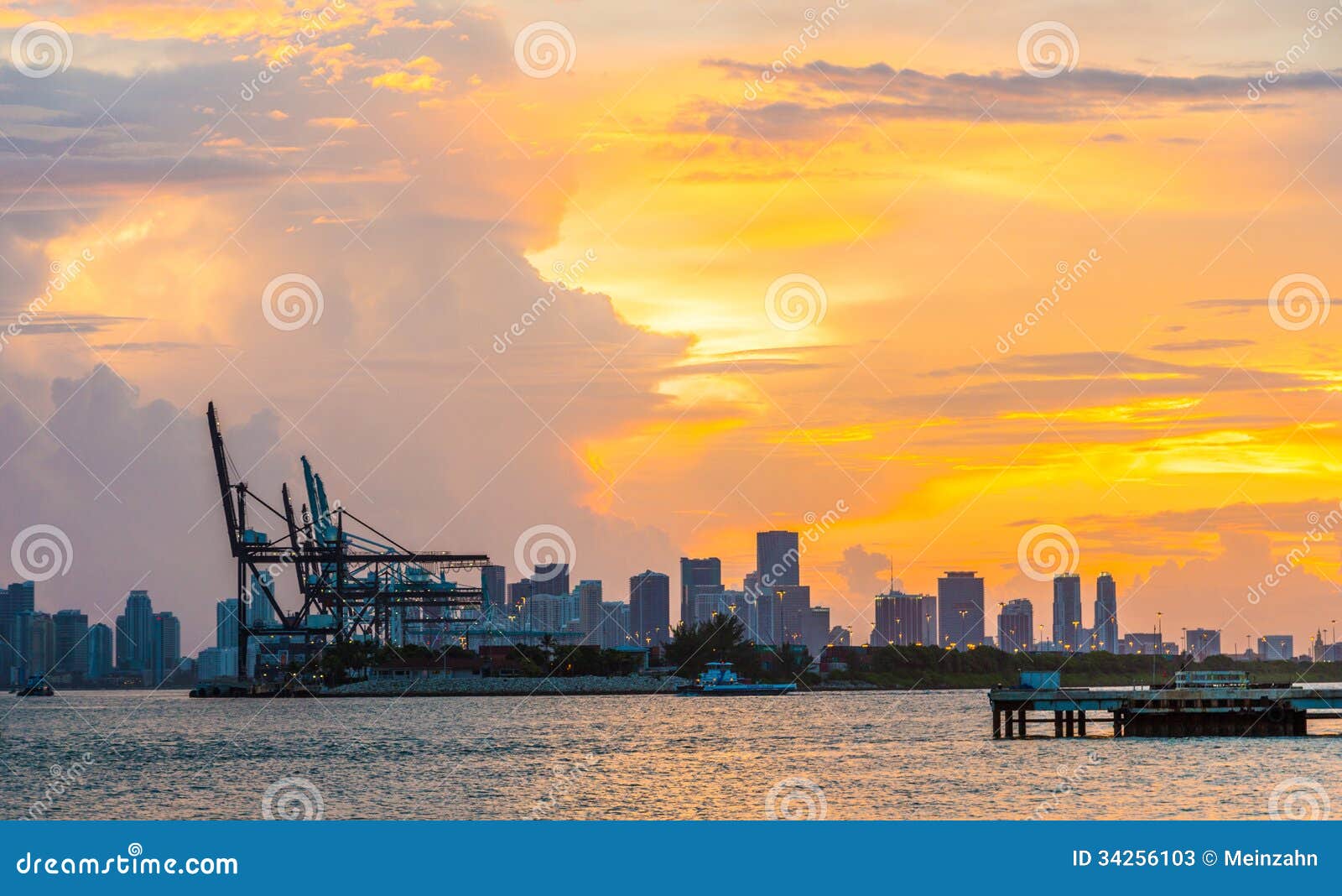 View To the Skyline of Miami with Docks in the Foreground at Sunset ...