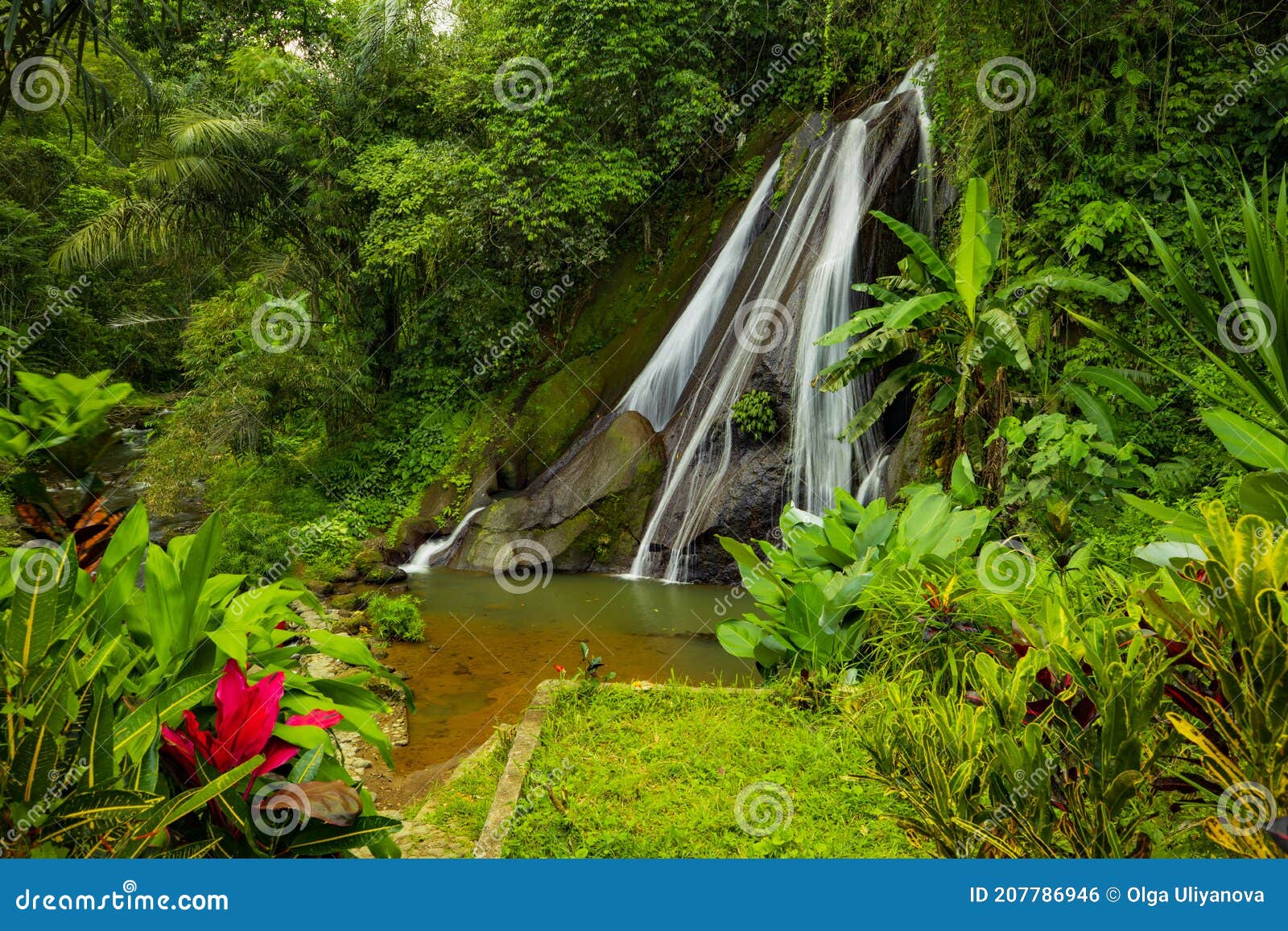 view to waterfall in rainforest. tropical landscape. adventure and travel concept. nature background. slow shutter speed  motion