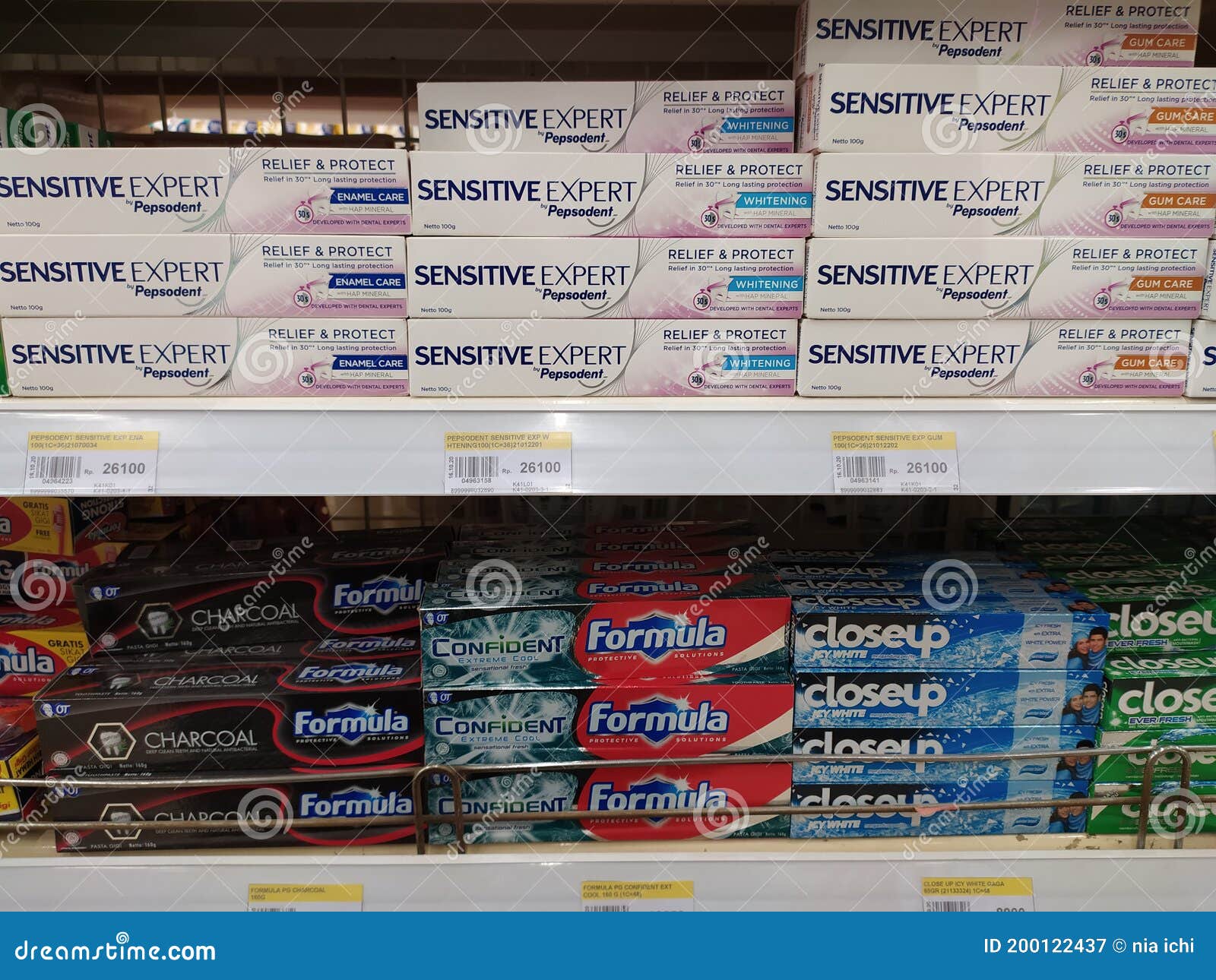 The View of Toothpastes on the Rack at Supermarket, Indonesia Editorial