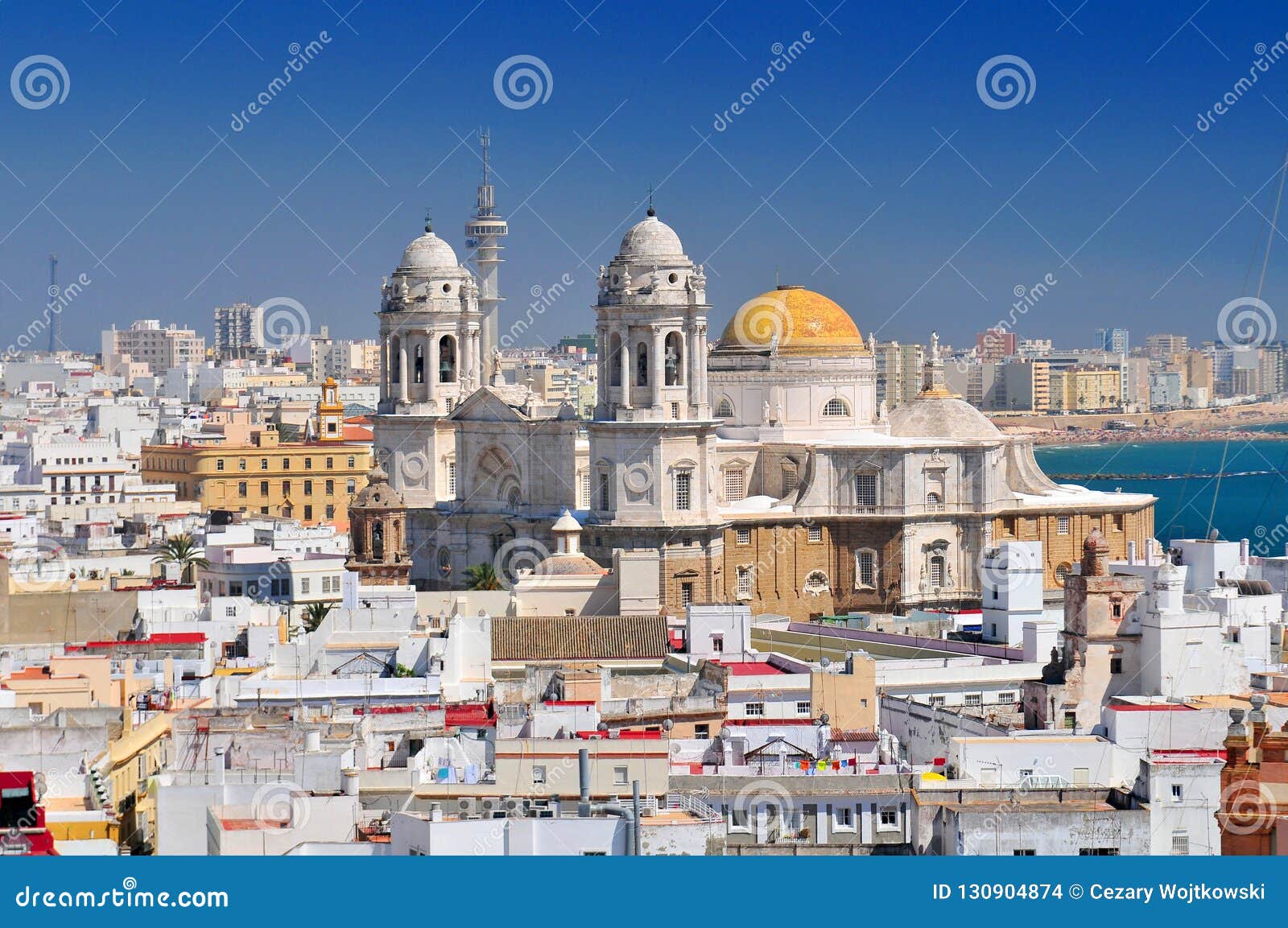 view from torre tavira tower to cadiz cathedral, also new cathedral, costa de la luz, andalusia, spain.
