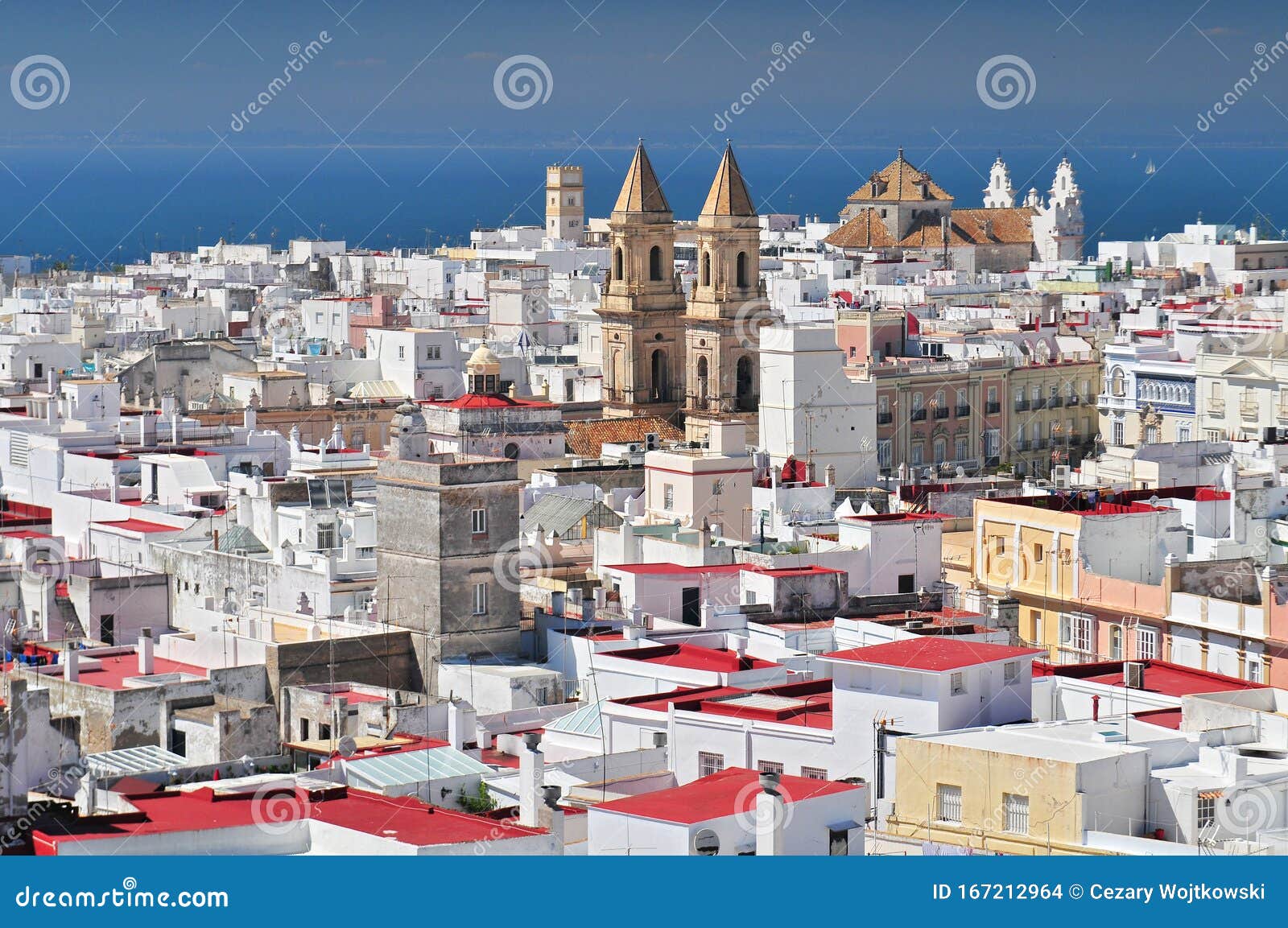 view from torre tavira tower to cadiz cathedral, also new cathedral, costa de la luz, andalusia, spain