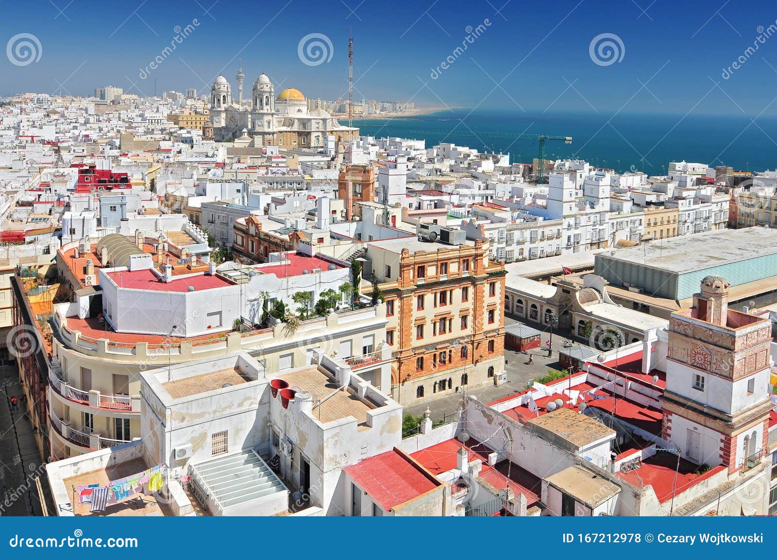 view from torre tavira tower to cadiz cathedral, also new cathedral, cadiz, costa de la luz, andalusia, spain