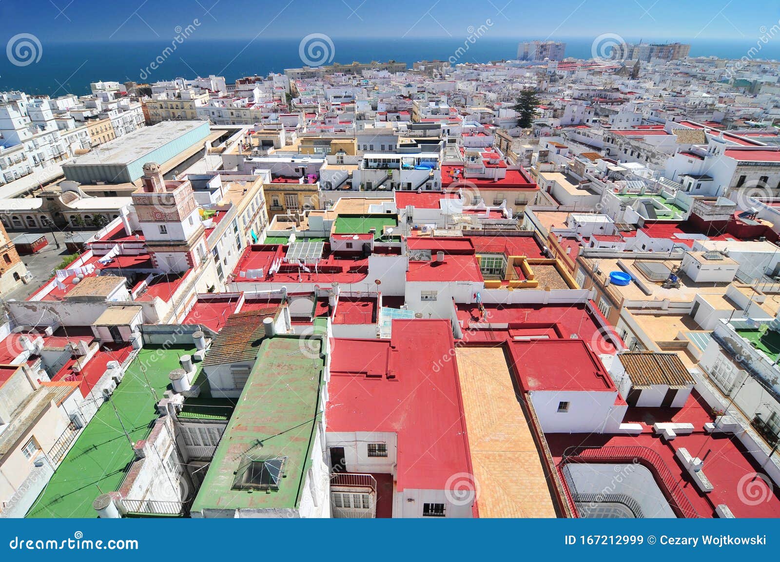 view from torre tavira tower to colorful roofs of cadiz, costa de la luz, andalusia, spain