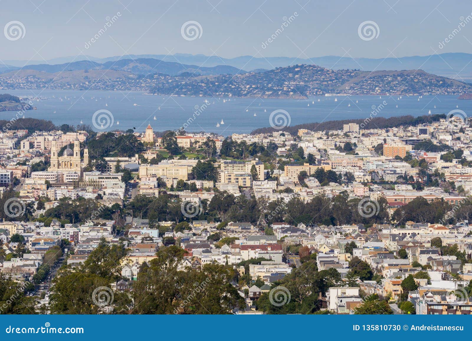 view towards pacific heights and marina district neighborhoods; san francisco bay and belvedere in the background, san francisco,