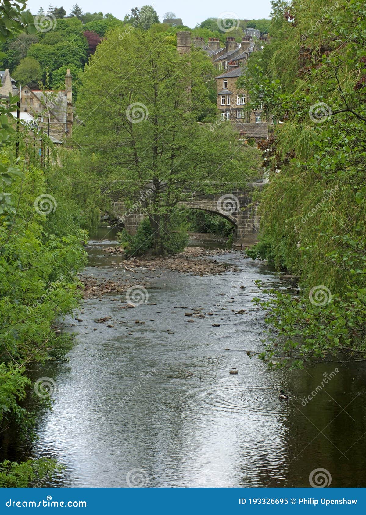 View of the Town of Hebden Bridge with the River and Bridge Surrounded by Summer Trees Stock