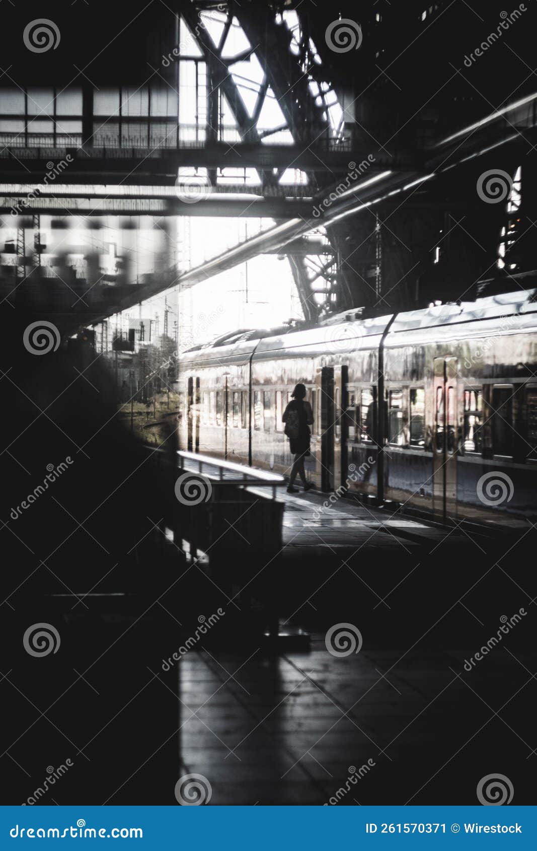 View of Train Station with Train in Black and White Editorial Photo