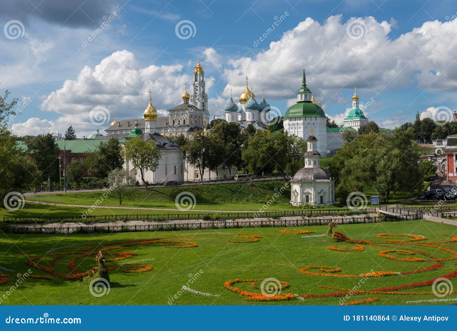 view of trinity-sergius lavra, pyatnitskaya church, chapel of pyatnitsky well  and konchura river on sunny summer day, golden ring