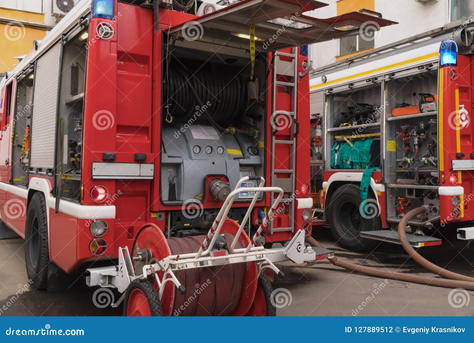 View Of The Two Fire Trucks Arrived At The Scene Of The Fire Stock