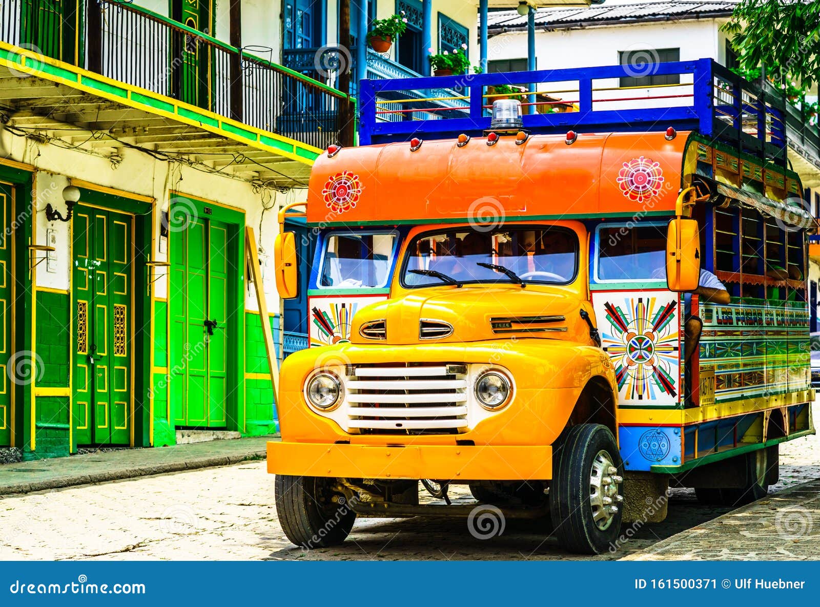 view on typical colorful chicken bus near jerico antioquia, colombia, south america