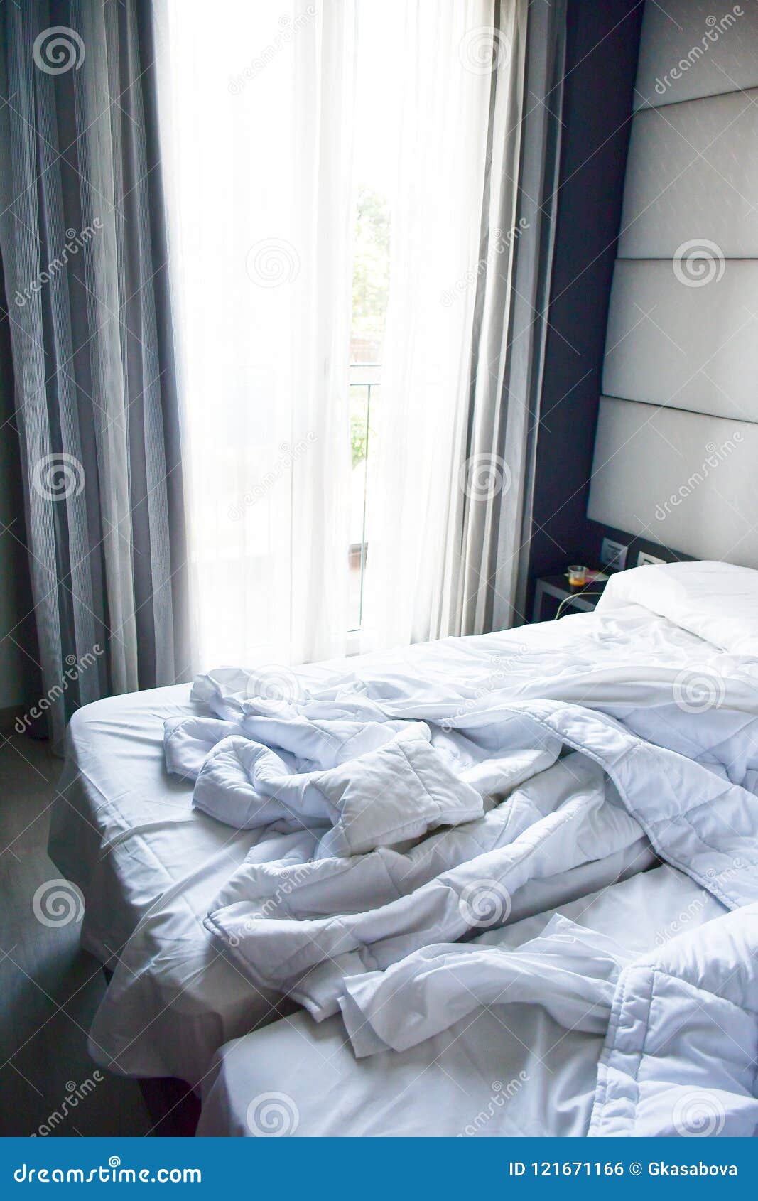 Unmade bed stock photo. Image of bedroom, chair, hospitality 121671166