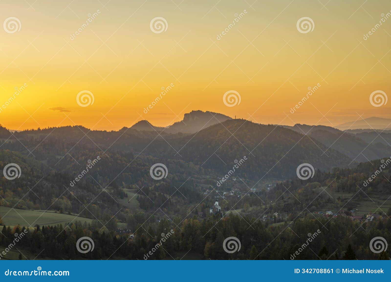 view for valley in autumn color evening near jaworki poland