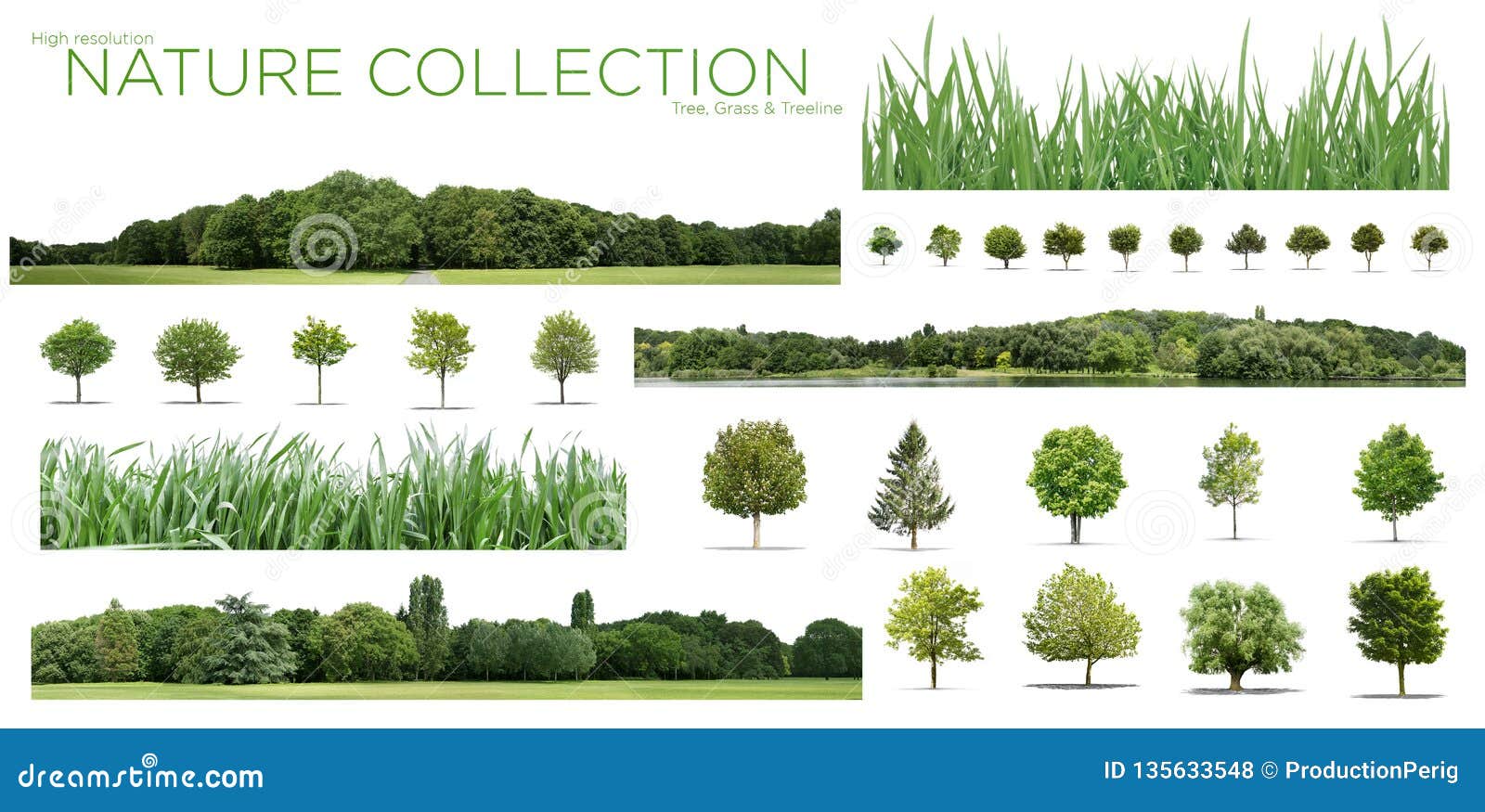 Very High Definition Treeline, Grass and Tree Collection Isolated on a