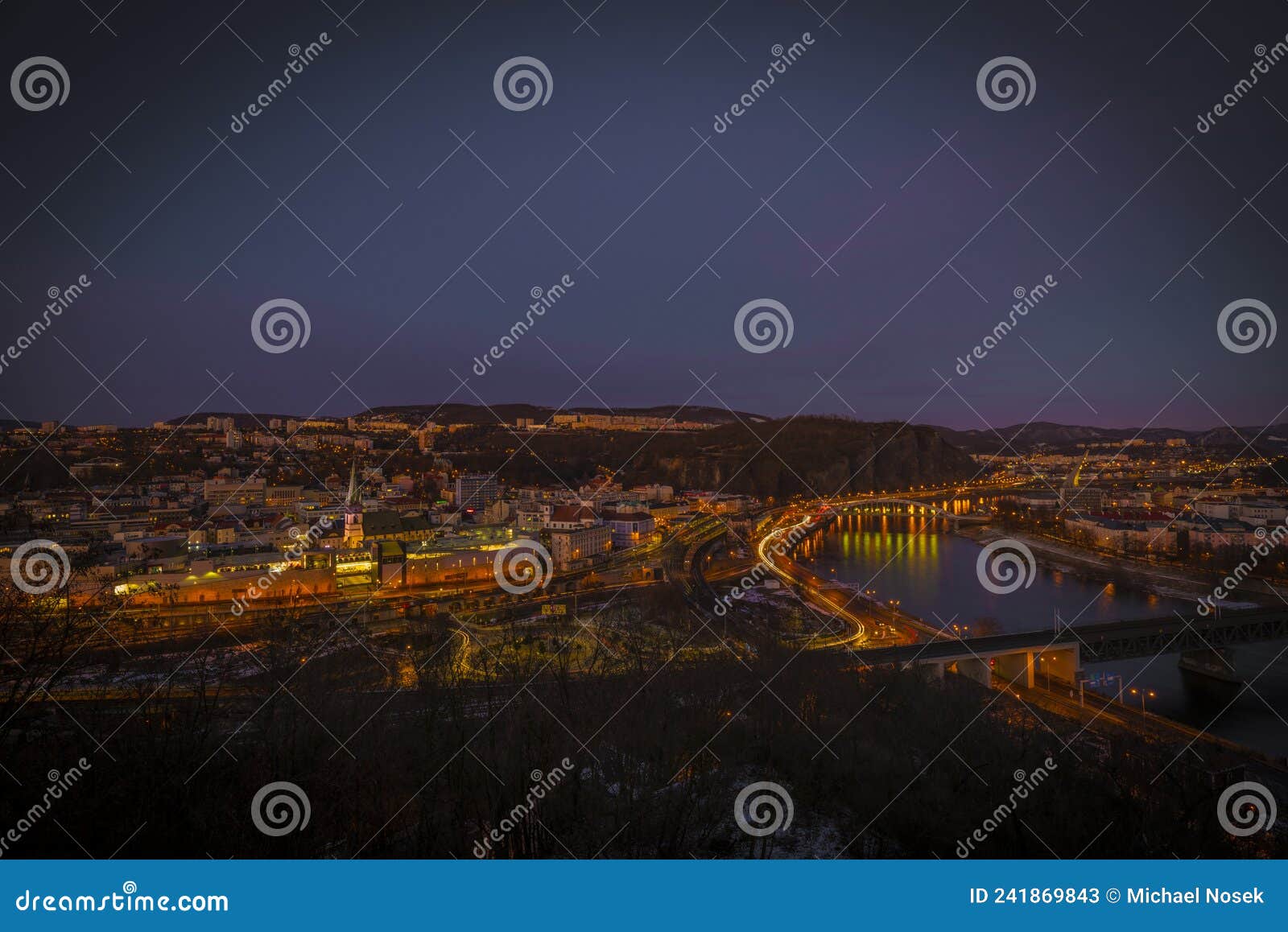 view from vetruse building over usti nad labem city in evening after sunset