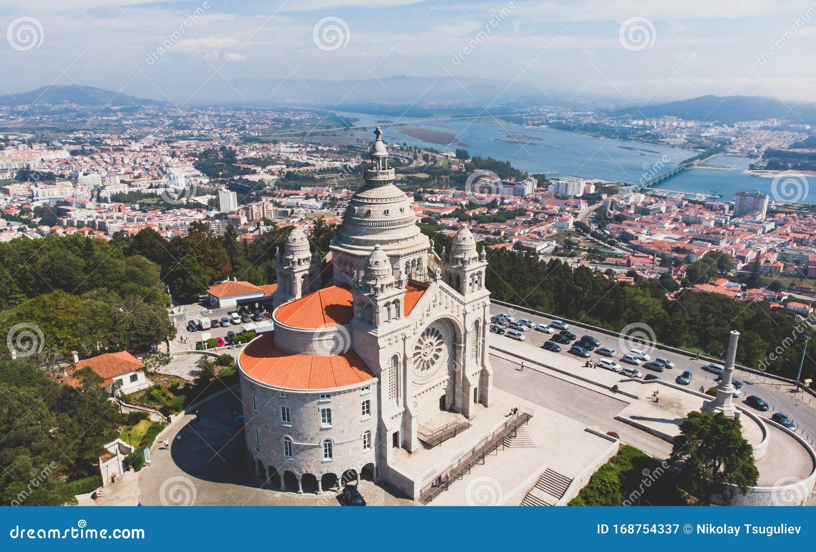 aerial view of viana do castelo, norte region, portugal, with basilica santa luzia church, shot from drone
