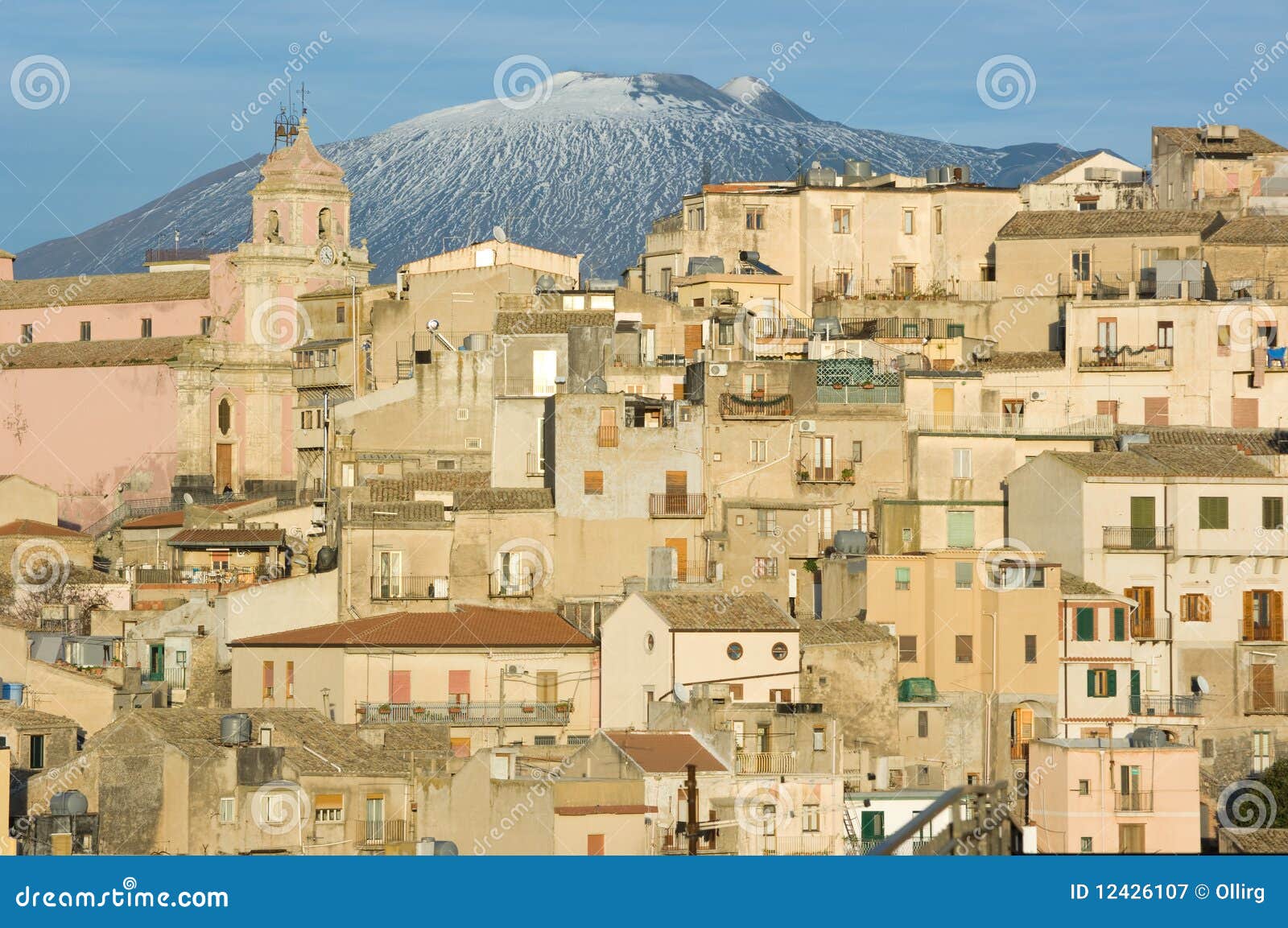 View of Village and Belltower on Background Etna Stock Image Image of