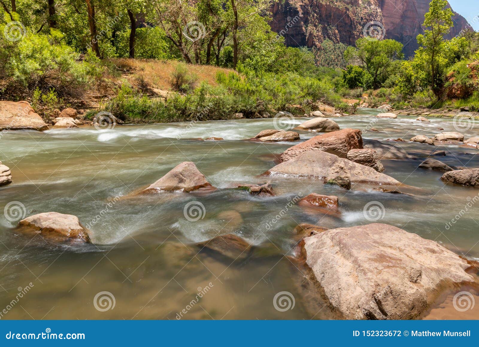 View of the Virgin River Towards the Narrows Location. Stock Photo
