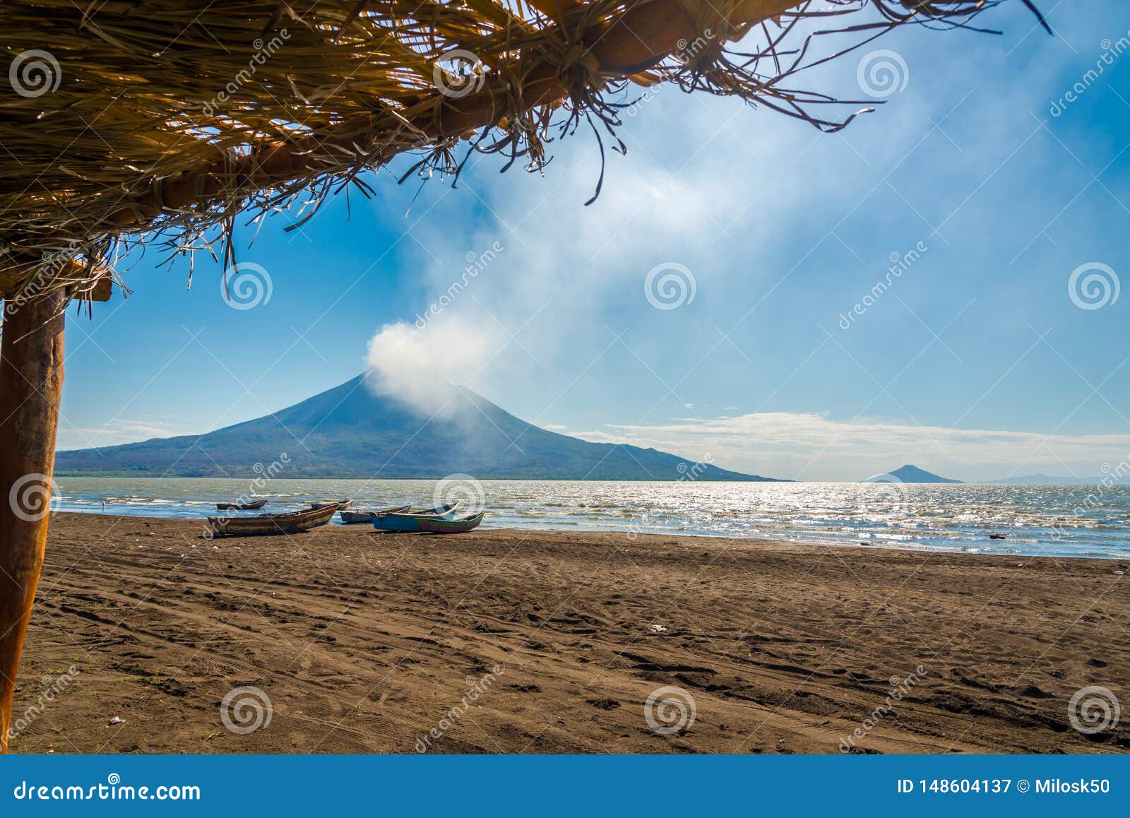 view at the volcanos momotombo and momotombito with xolotlan lake in nicaragua