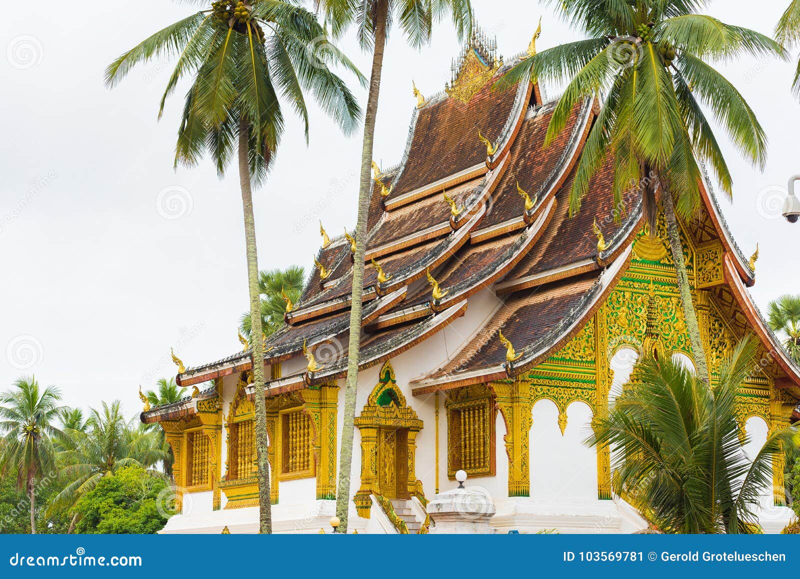 view of wat siengthon temple in louangphabang, laos. copy space for text.