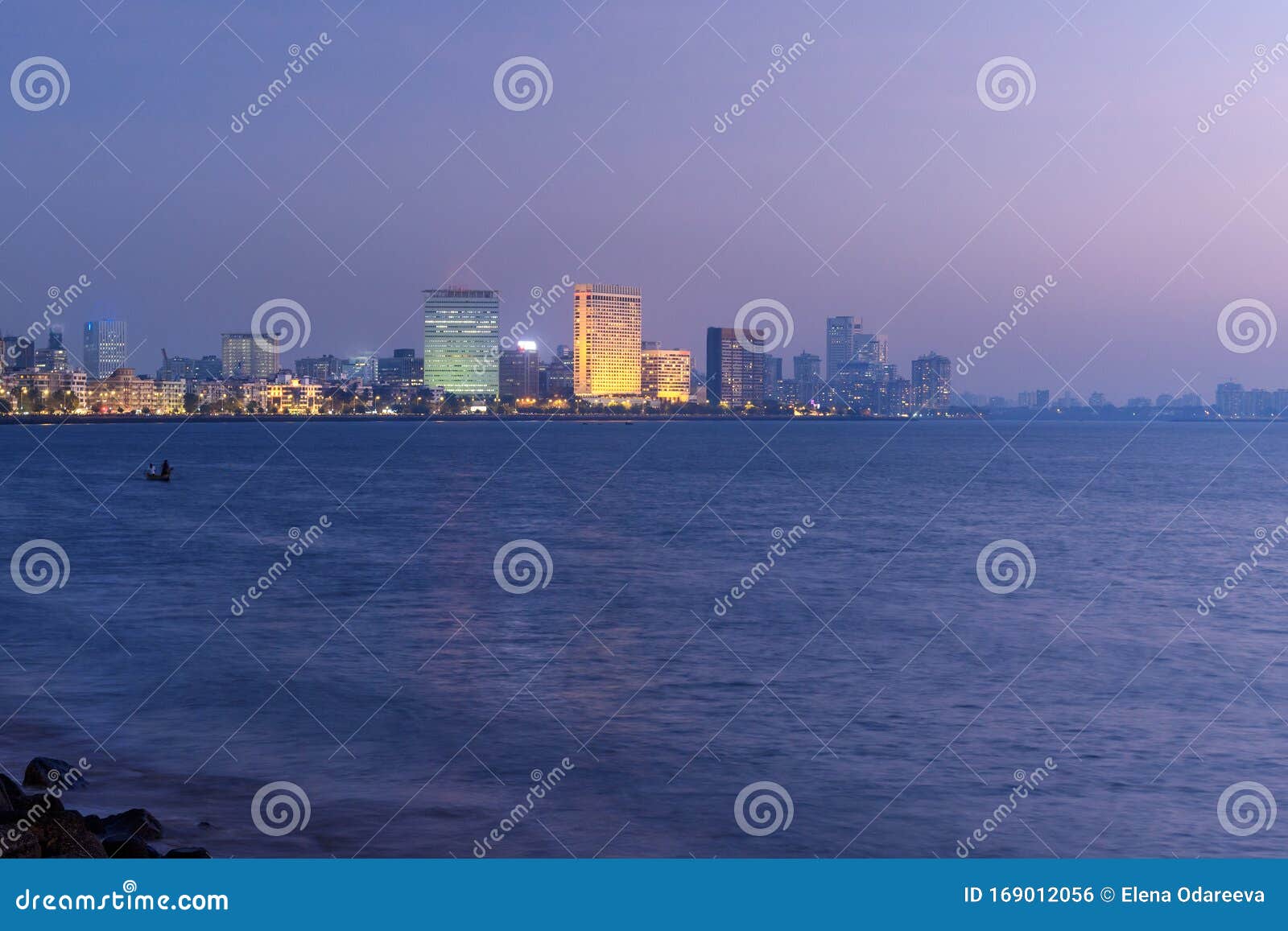 view of waterfront from chowpatty beach at night. mumbai. india