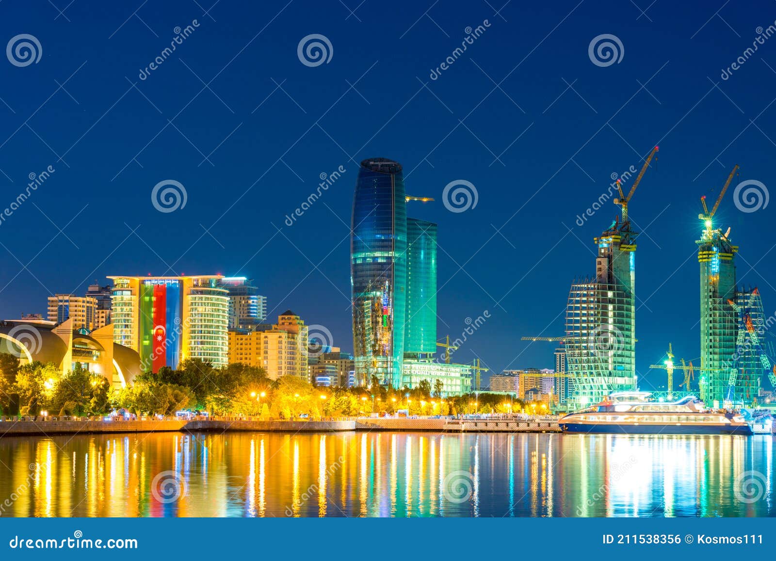 View of the Waterfront and the Port at Night in Baku Stock Photo  Image of architecture tall  