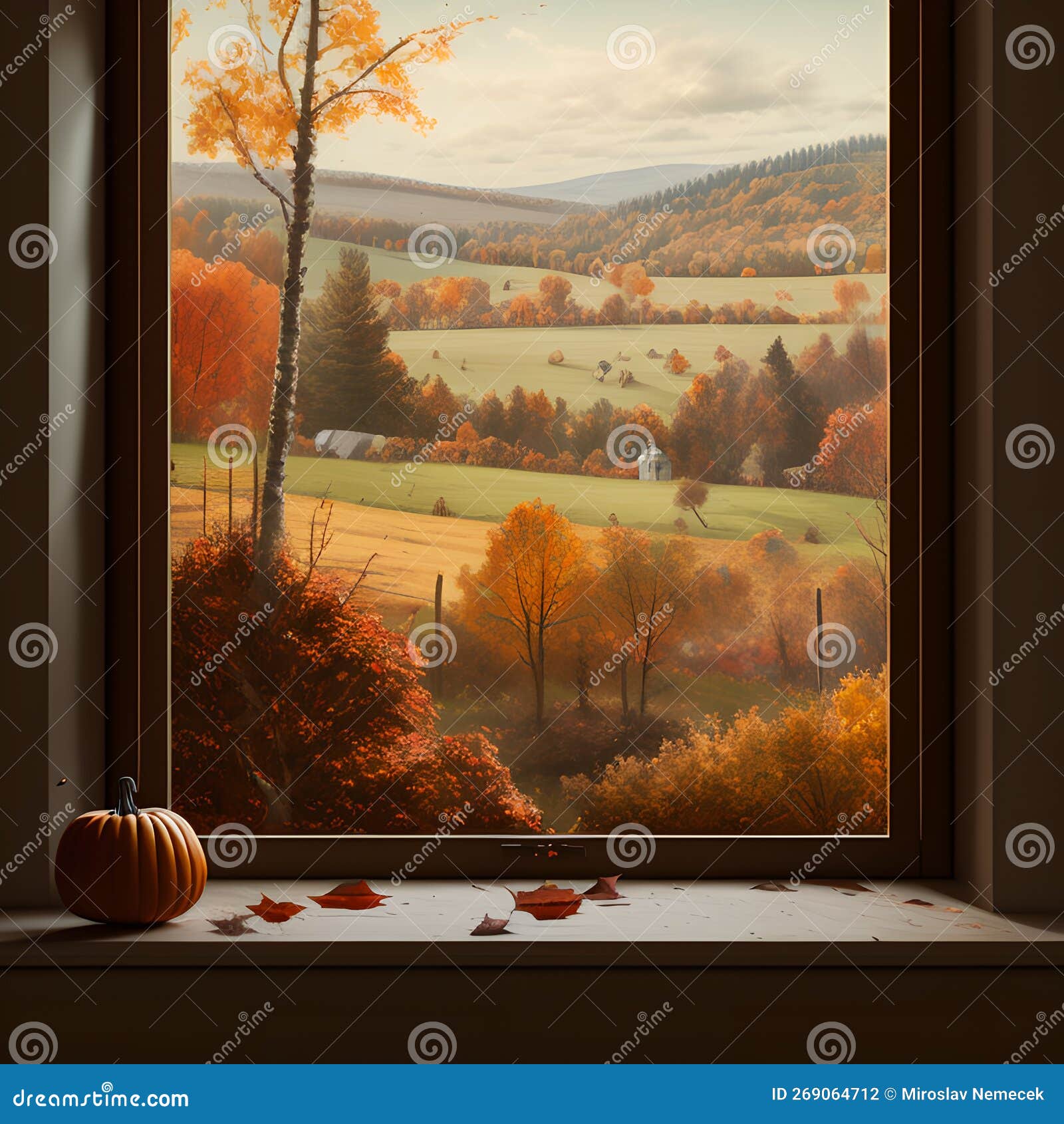 view from window of autumn landscape, generative ai 