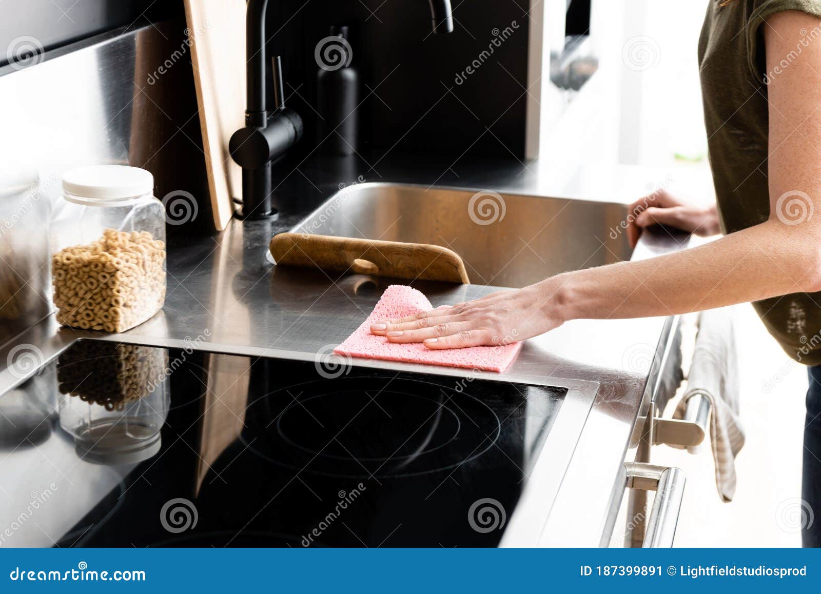 View of Woman Cleaning Kitchen Worktop Stock Image Image of