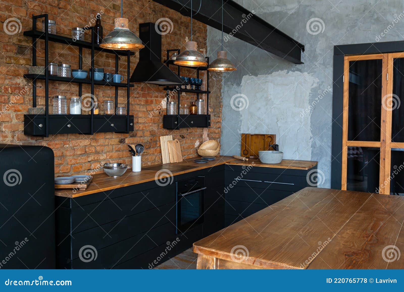 View on a Wooden Table and Open Space Industrial Loft Kitchen with ...