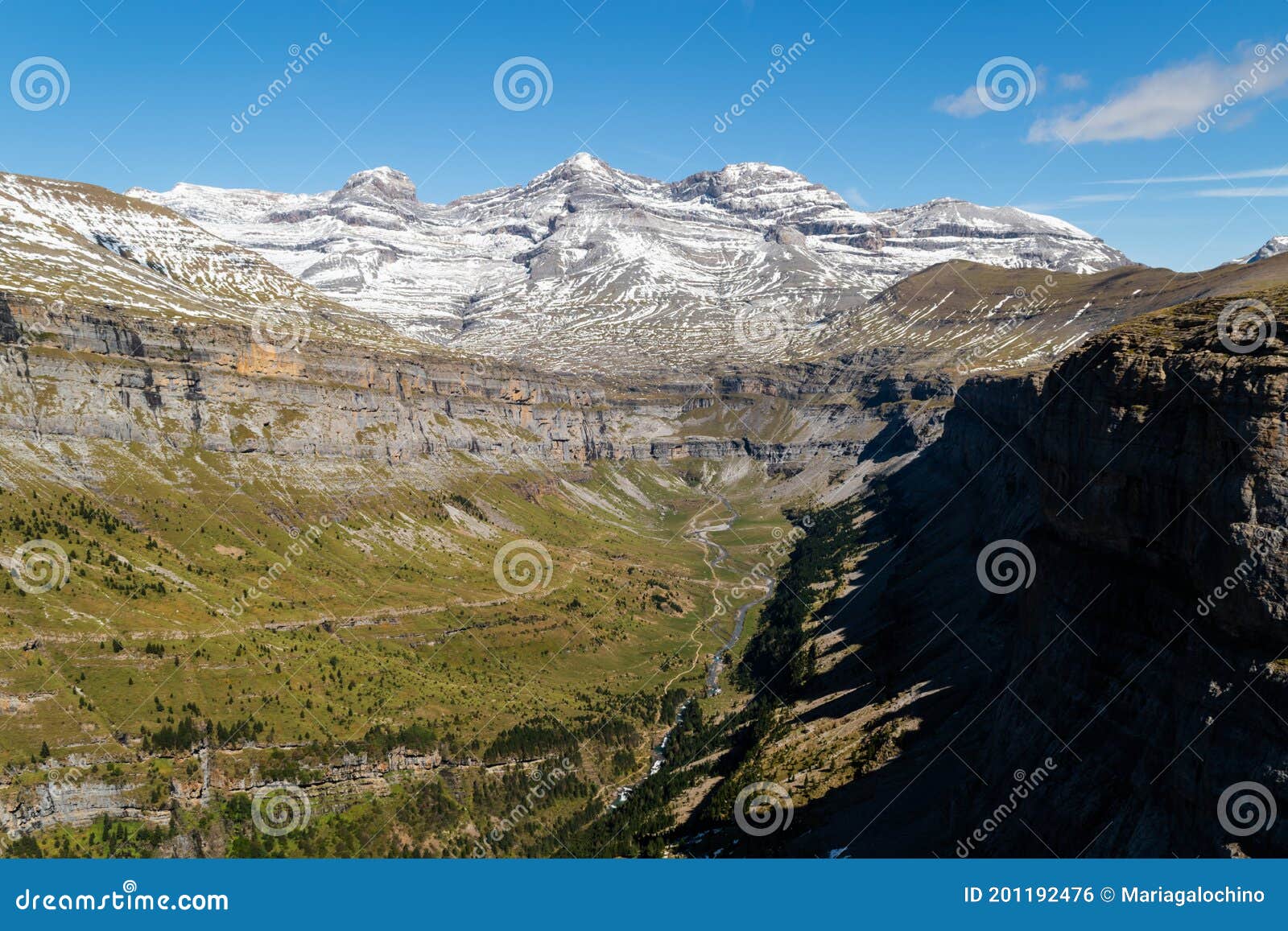 views of ordesa national park with the peaks of monte perdido, aÃÂ±isclo, punta olas, cilindro del marbore snow-capped