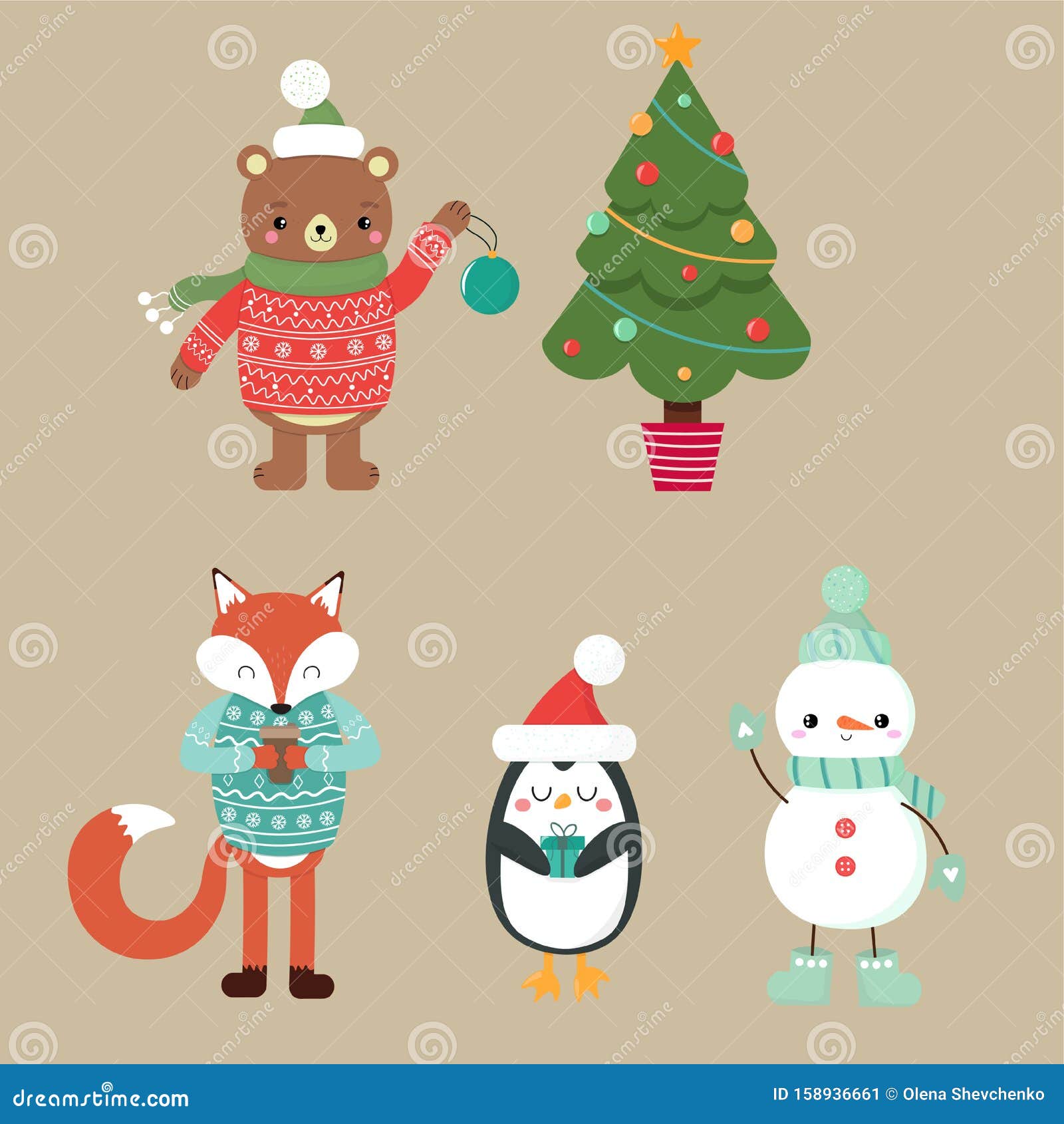 Foto Carine Di Natale.Vignetta Con Animali Pupazzo Di Neve Albero Di Natale Illustrazione Di Stock Illustrazione Di Divertente Cute 158936661