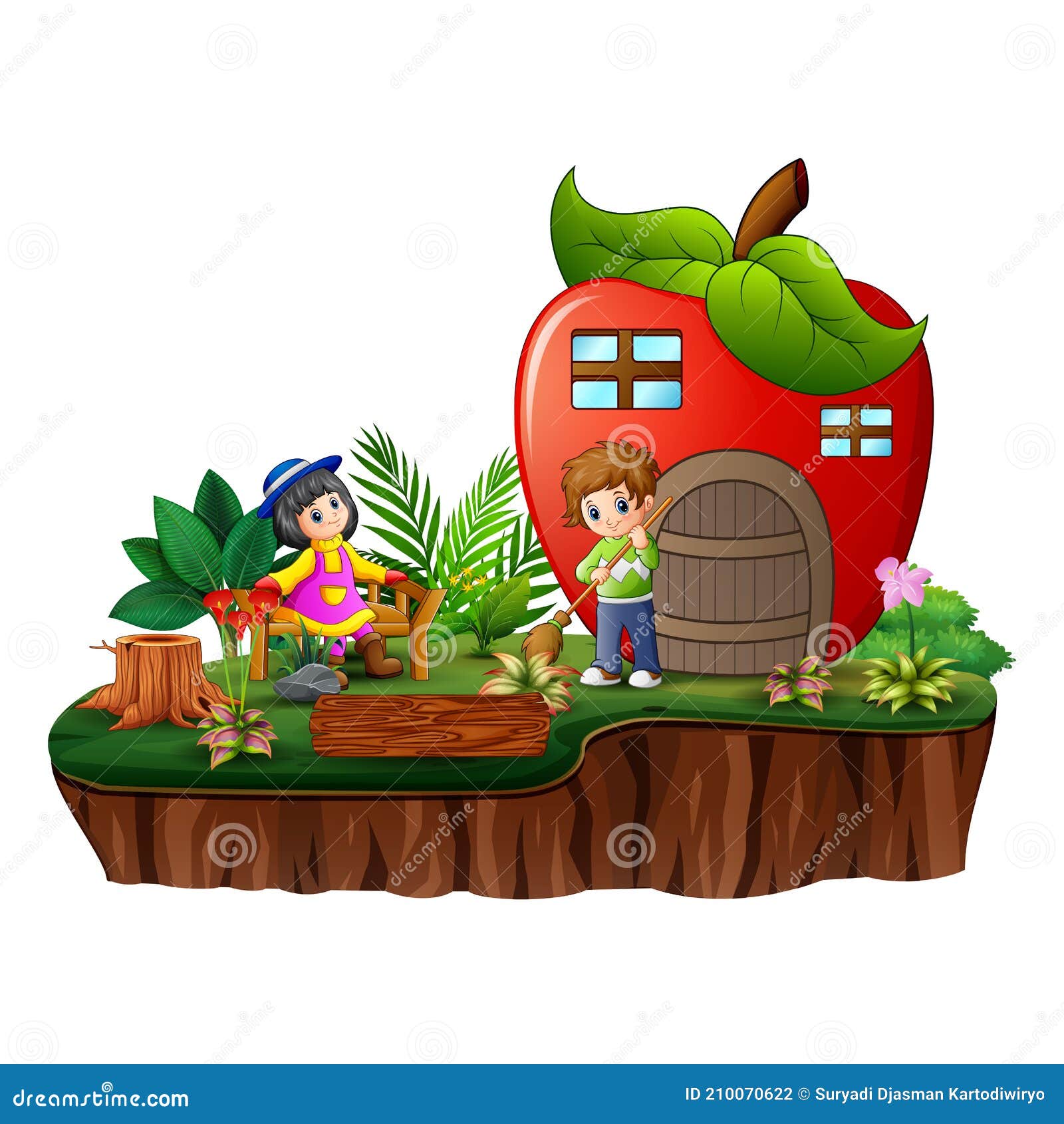 Vignetta Per Bambini Felici Con Una Casa Di Mele Sull&#39;isola Illustrazione  Vettoriale - Illustrazione di ragazzo, nave: 210070622