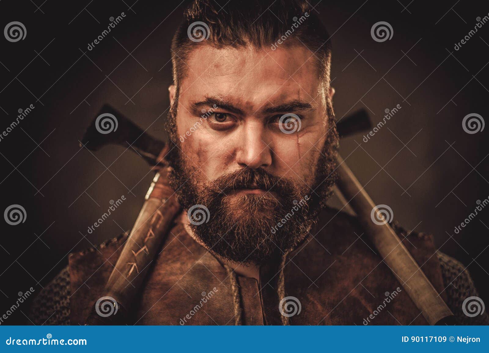 Viking with Axes in a Traditional Warrior Clothes Stock Image Image