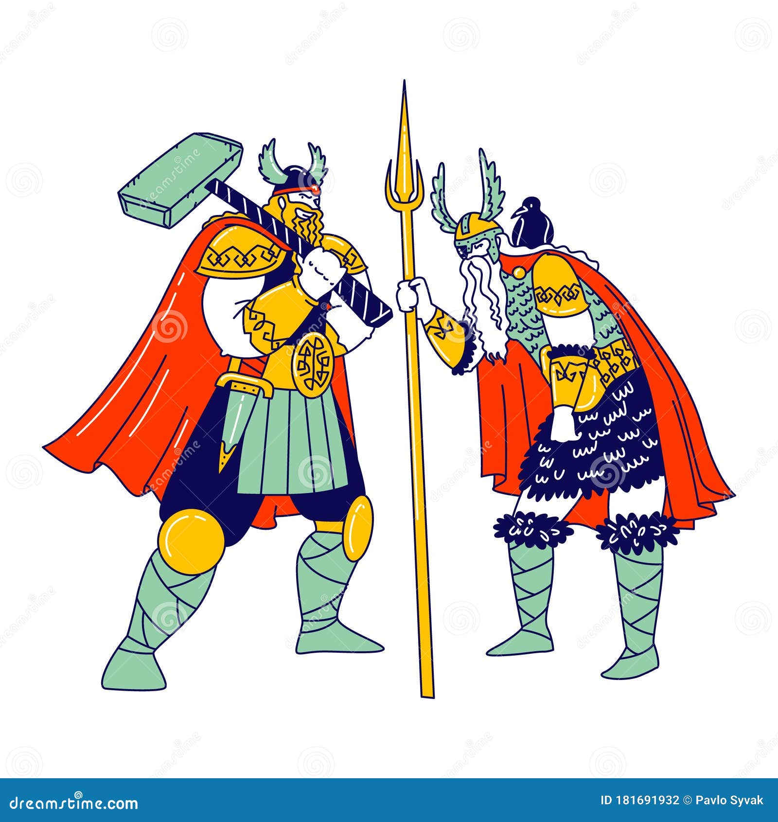 Viking Characters Wearing Scandinavian Dressing Holding Hammer And Spear Nordic Mythology Heroes Movie Actors Stock Vector Illustration Of Helmet Culture