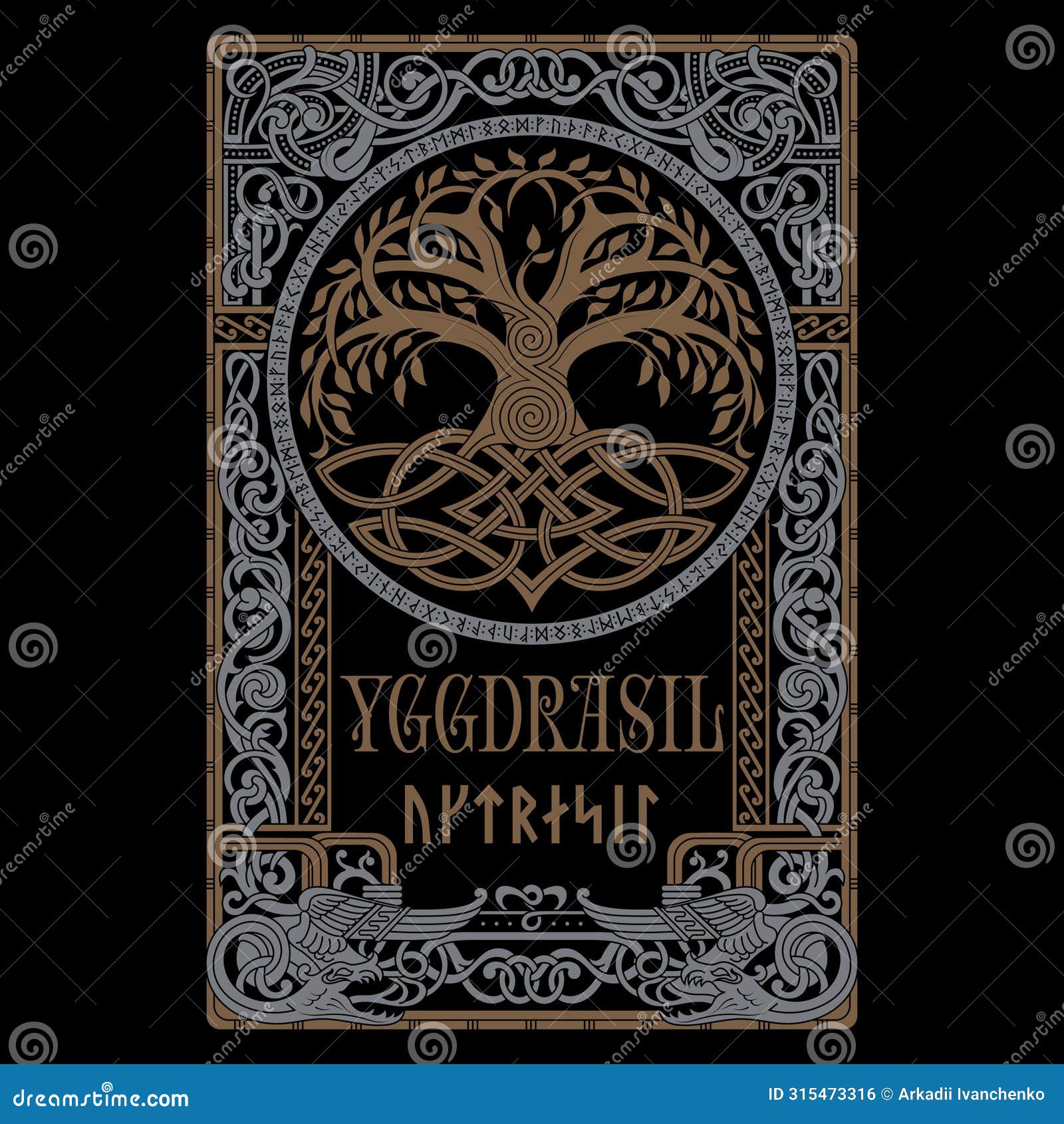 viking . world tree from scandinavian mythology - yggdrasil and celtic pattern, frame. drawn in old norse celtic