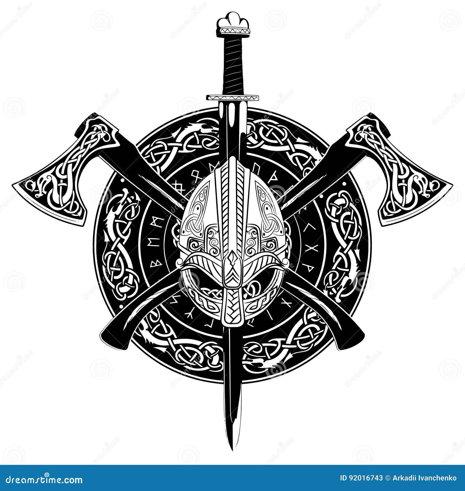 Viking Helmet, Crossed Viking Axes And In A Wreath Of Scandinavian Pattern  And Viking Shield Stock Vector - Illustration Of Runes, Europe: 92016743
