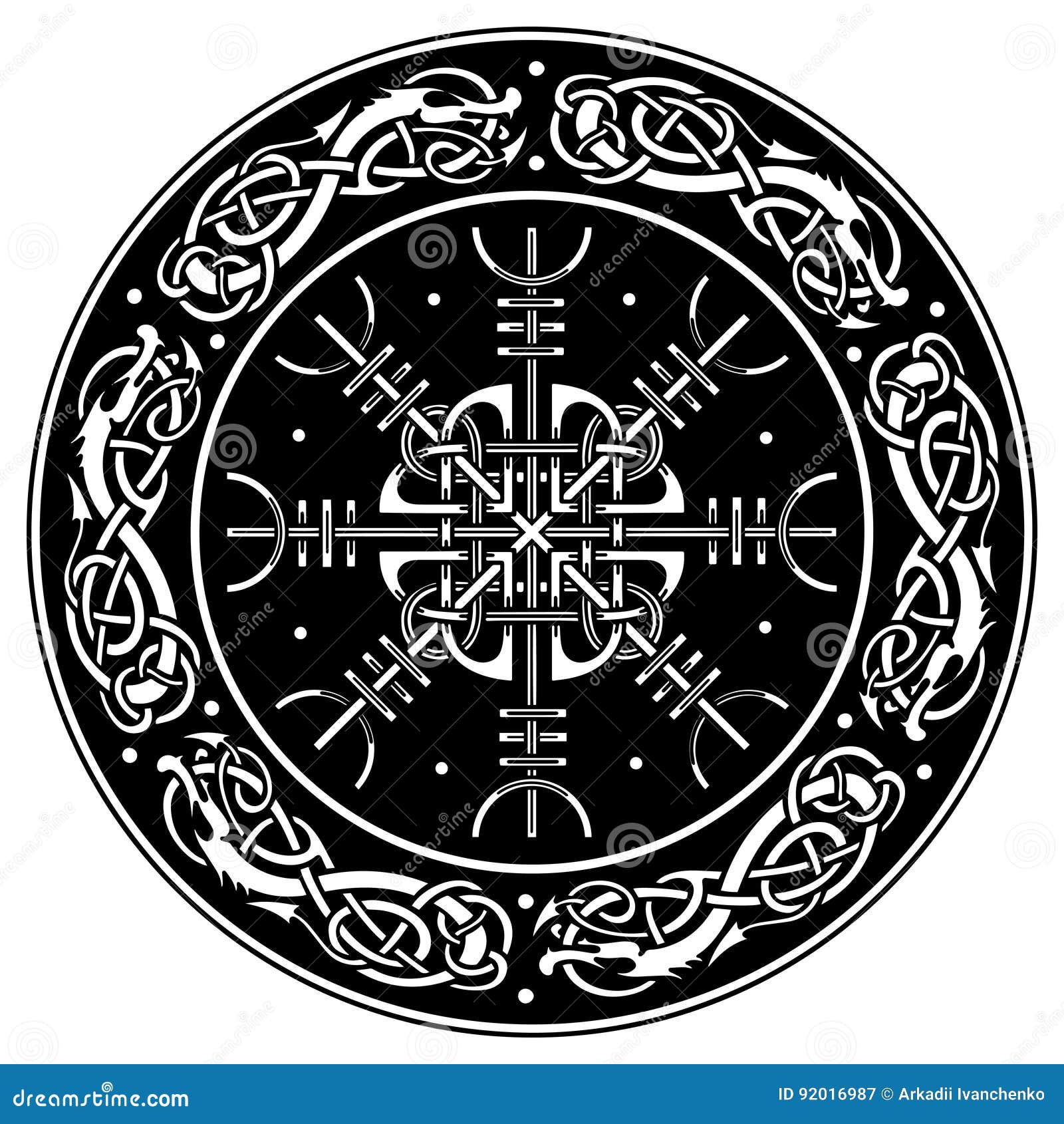 viking shield decorated with a scandinavian pattern of dragons and aegishjalmur, helm of awe helm of terror icelandic