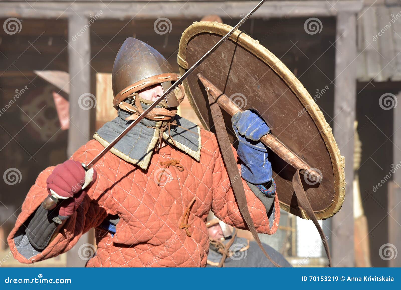 Vikings duel. Vikings battle, historical reconstruction in Svargas, Russia