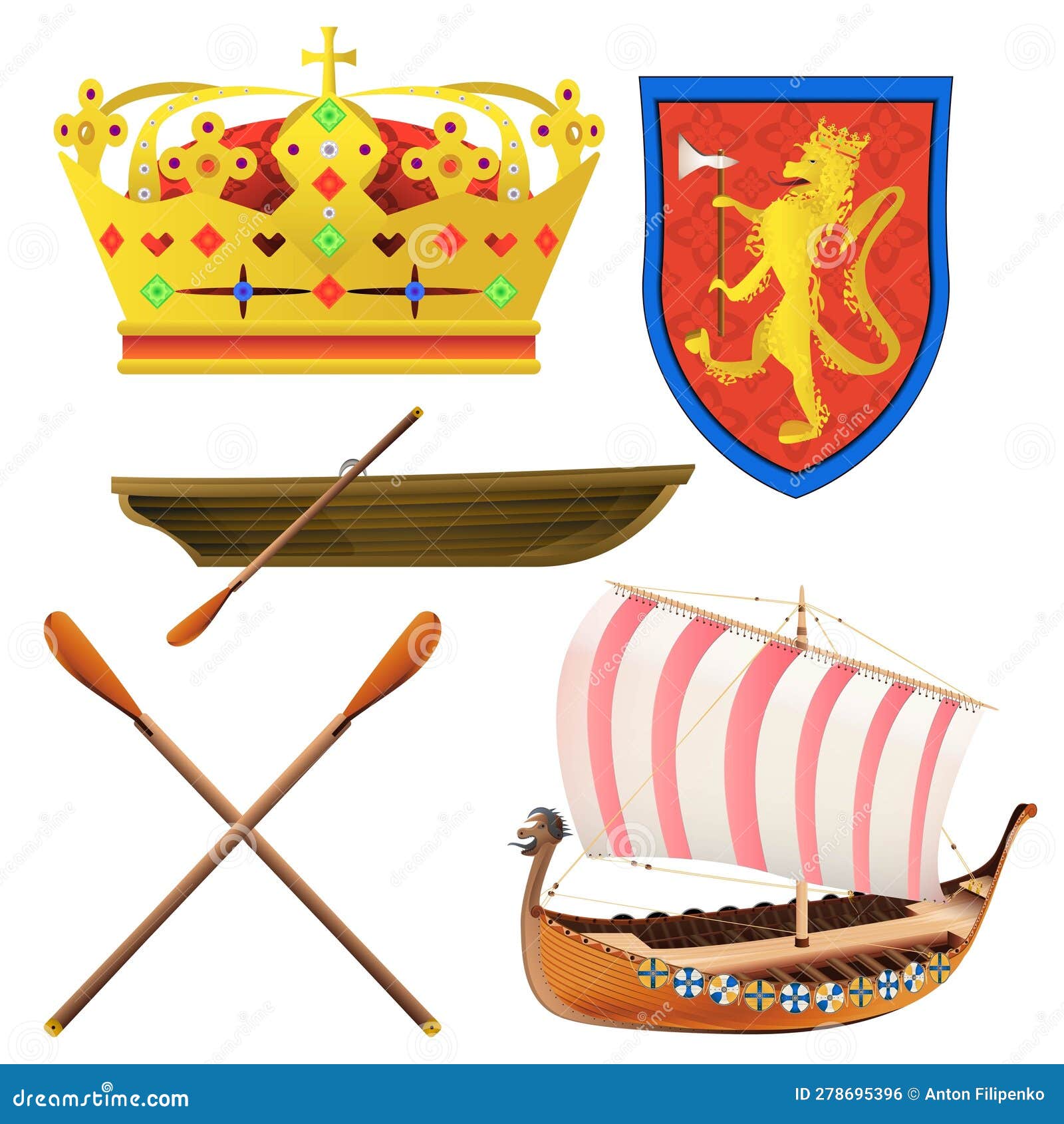 vikings realisitc style set. crown, axe, ship, lion boat