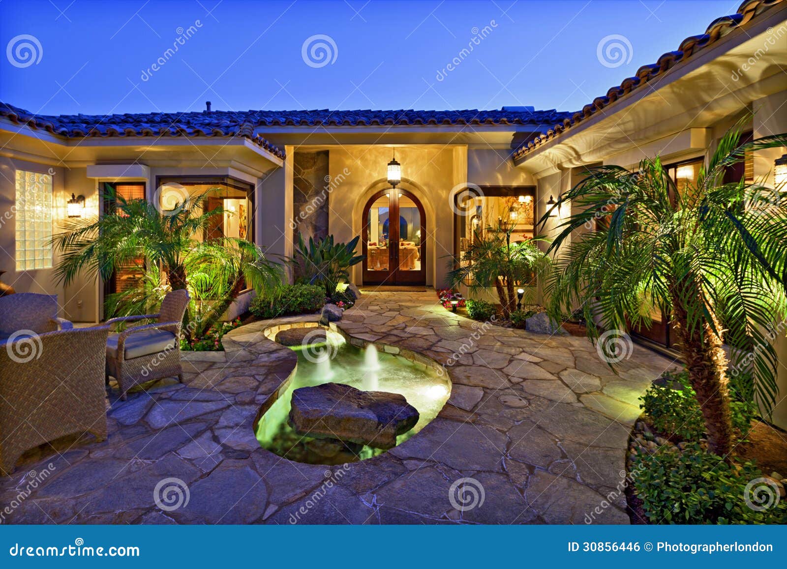 Villa Court Yard with Fountains Stock Photo Image of house, night