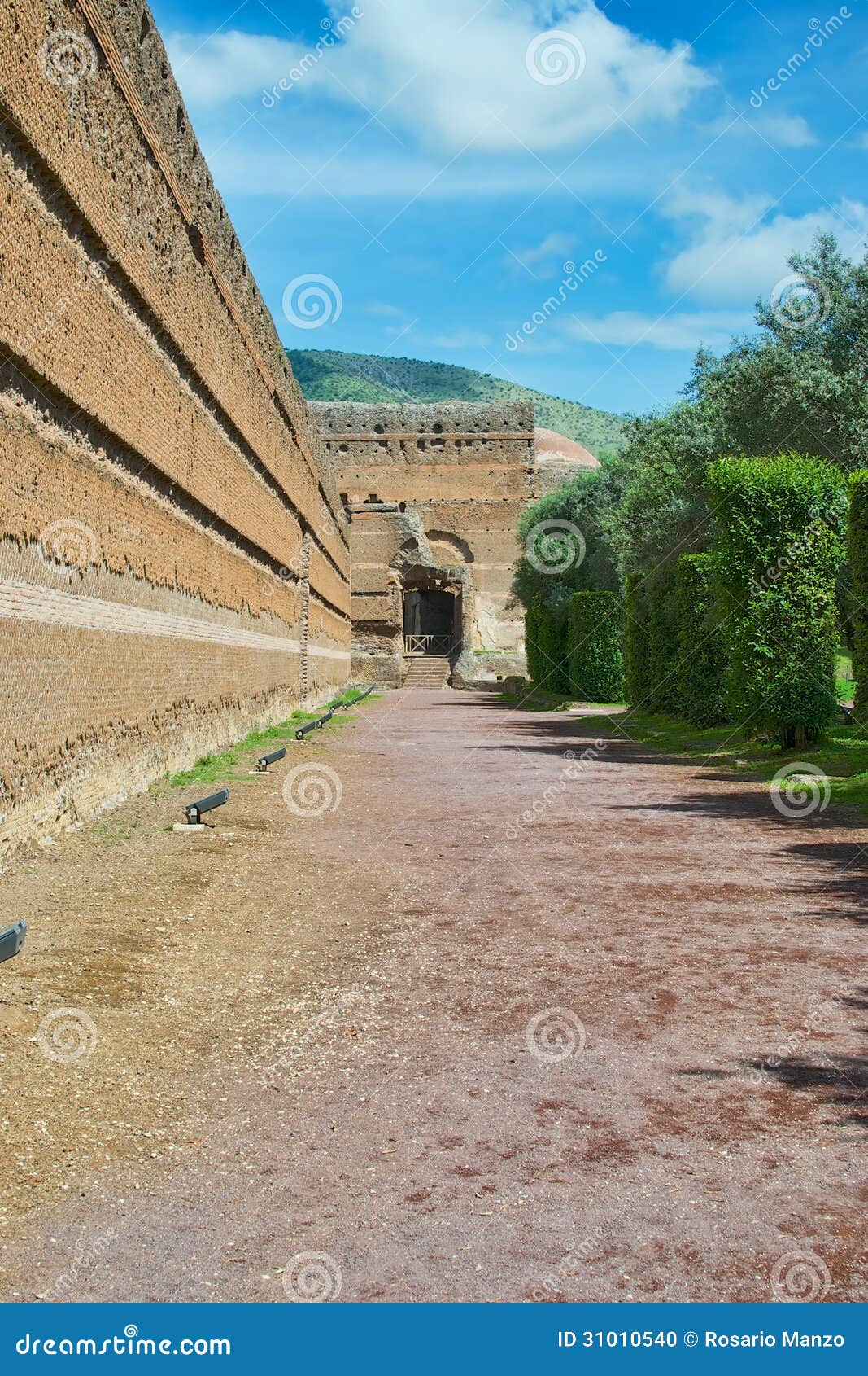 Ancient roman bricks wall. View of Villa di Adriano ruins in Tivoli, Italy