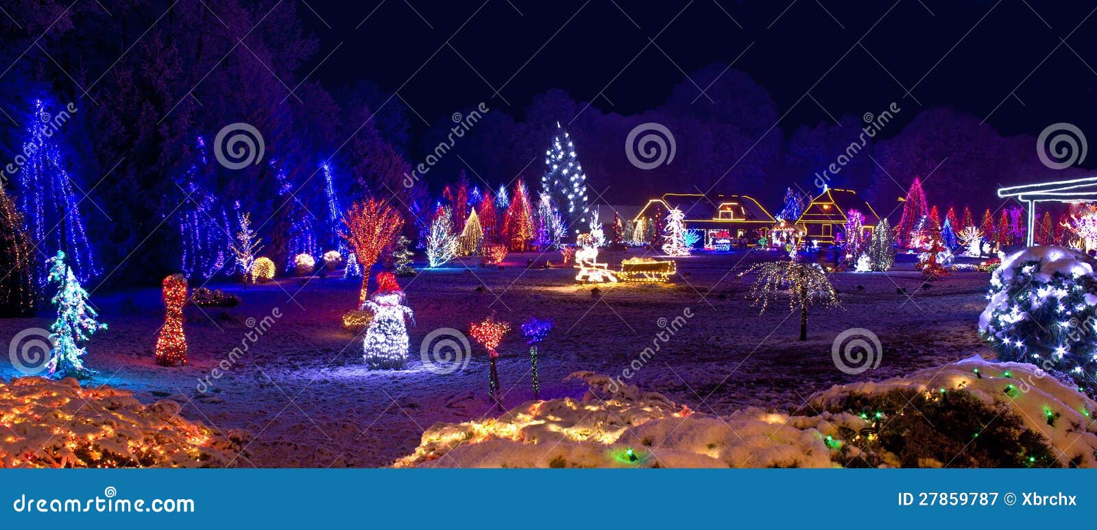 village in christmas lights, panoramic view