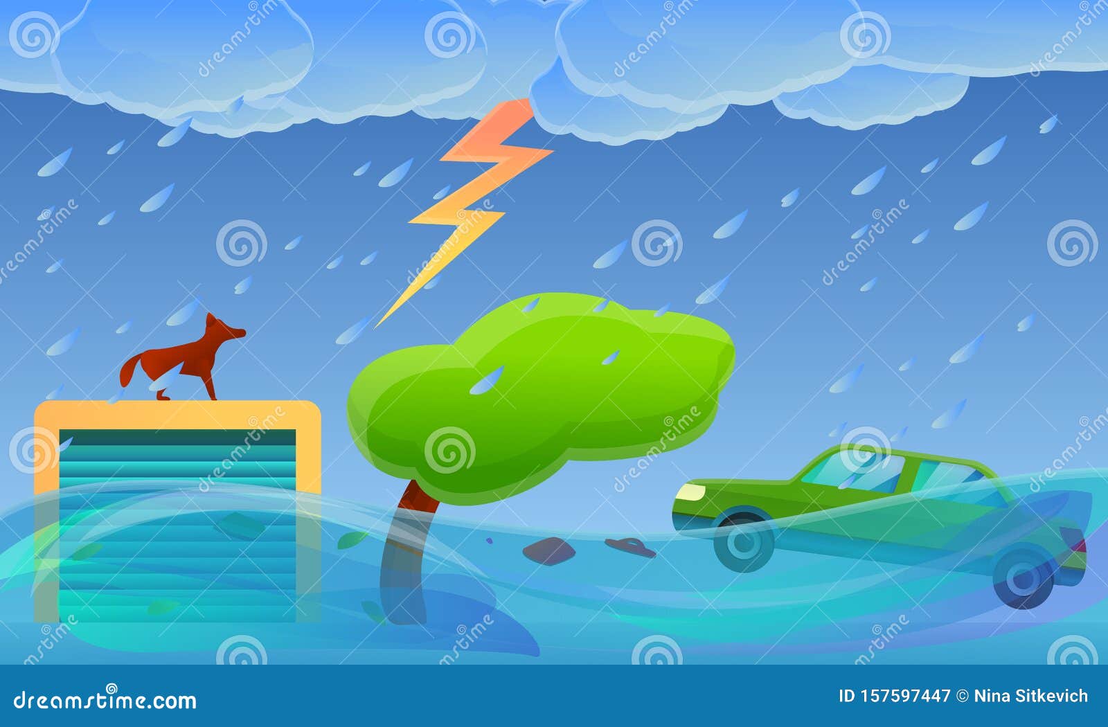 Village Flood Disaster Concept Banner, Cartoon Style Stock Vector