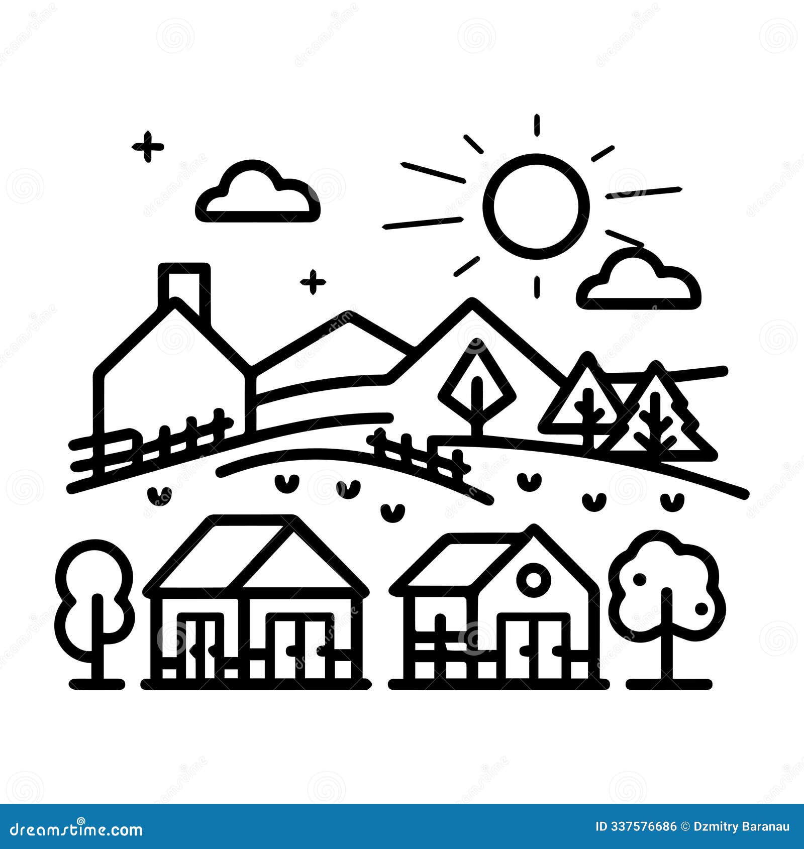 village icon or modern line .  line art and icon  with bold outline. black and white pixel perfect minimalistic