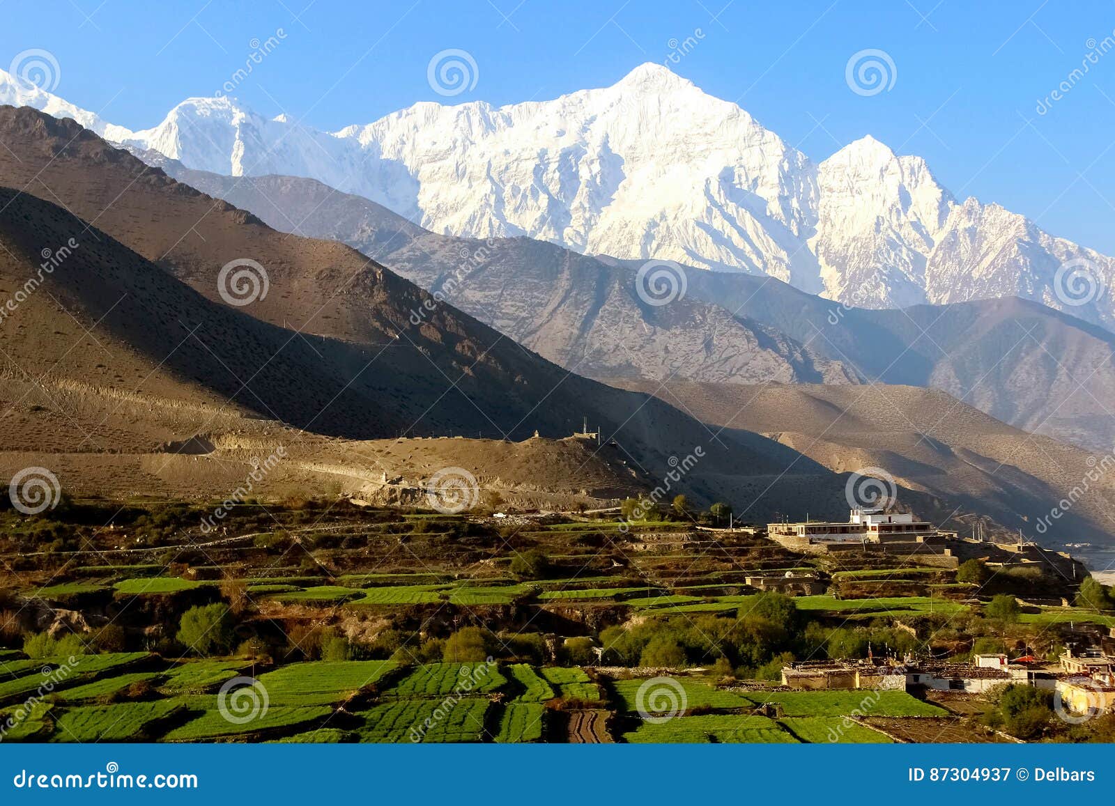 the village kagbeni in the himalayan mountains. kali gandaki river gorge. nepal
